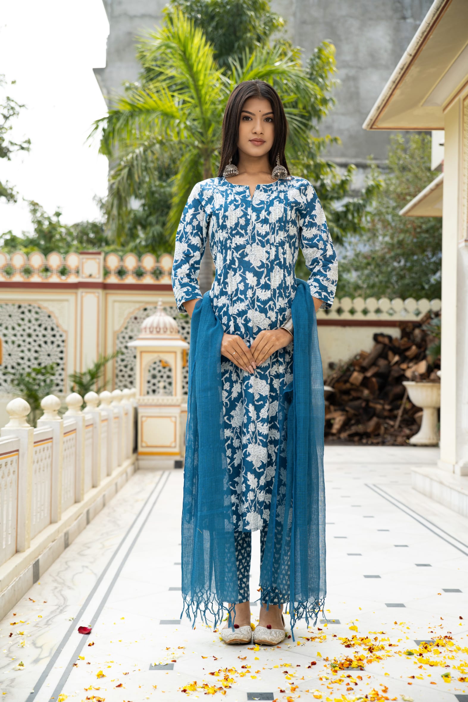 Blue Hand Block Printed Cotton Suit with Kota Doria Dupatta