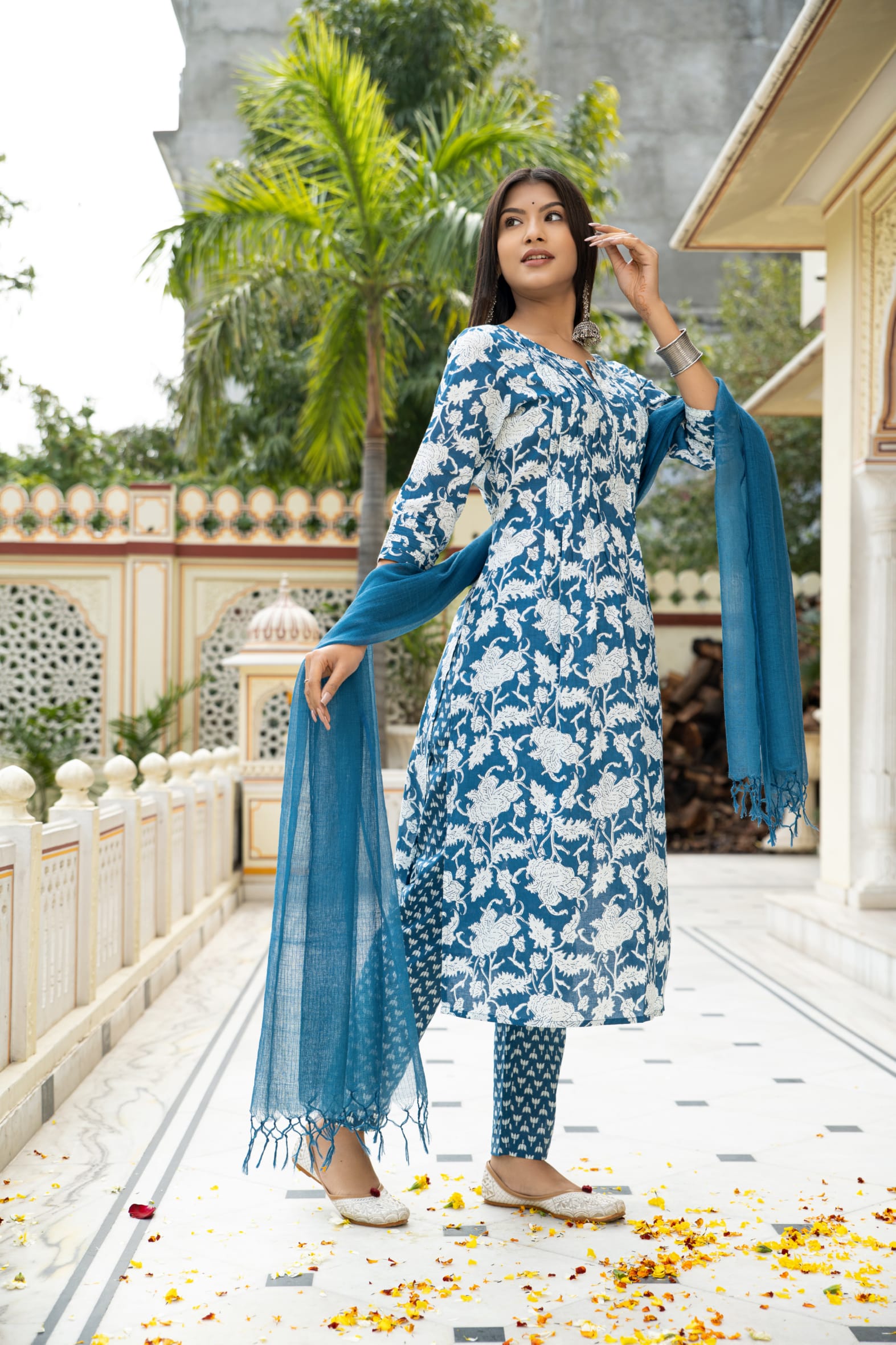 Blue Hand Block Printed Cotton Suit with Kota Doria Dupatta