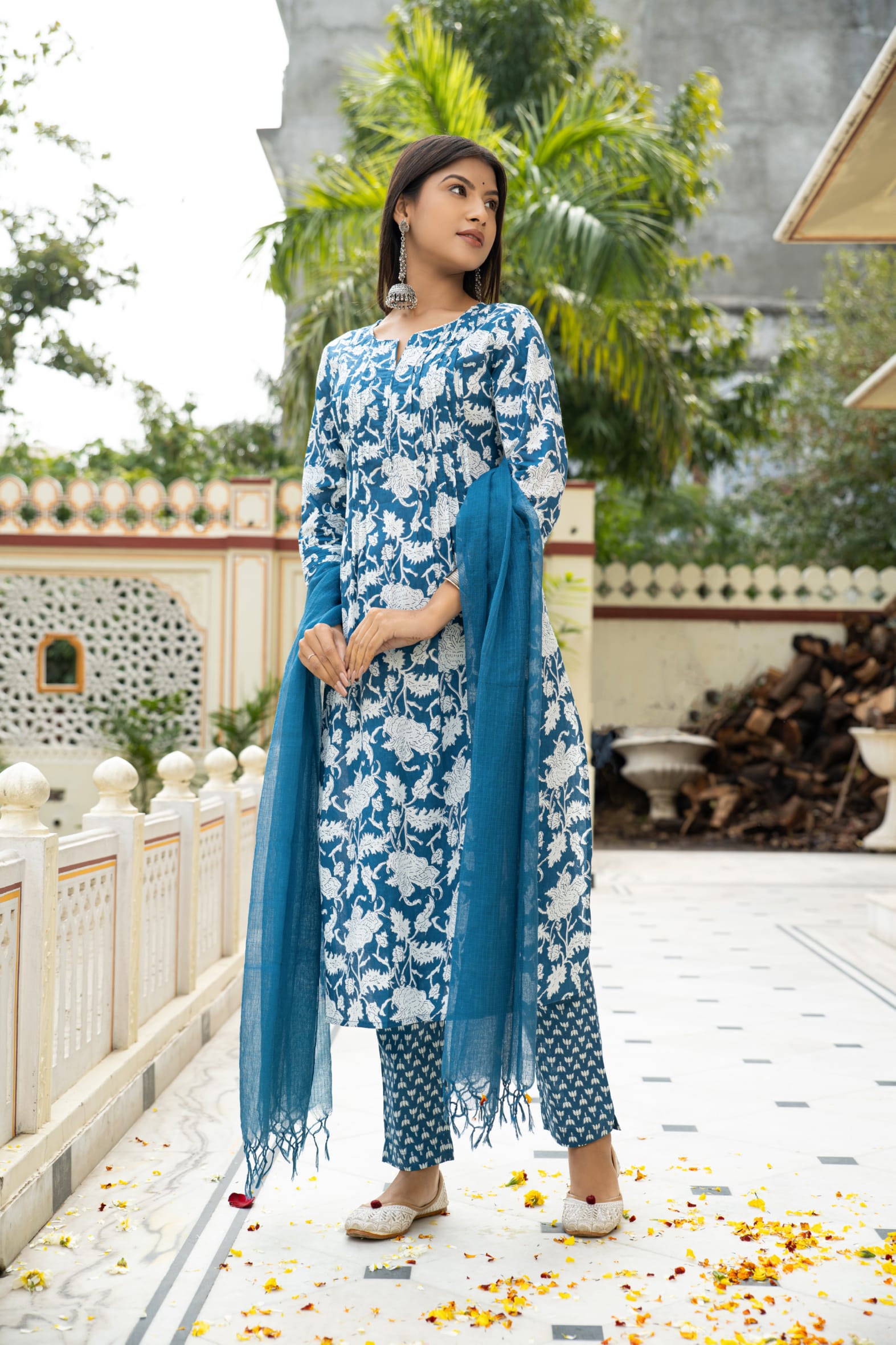 Blue Hand Block Printed Cotton Suit with Kota Doria Dupatta