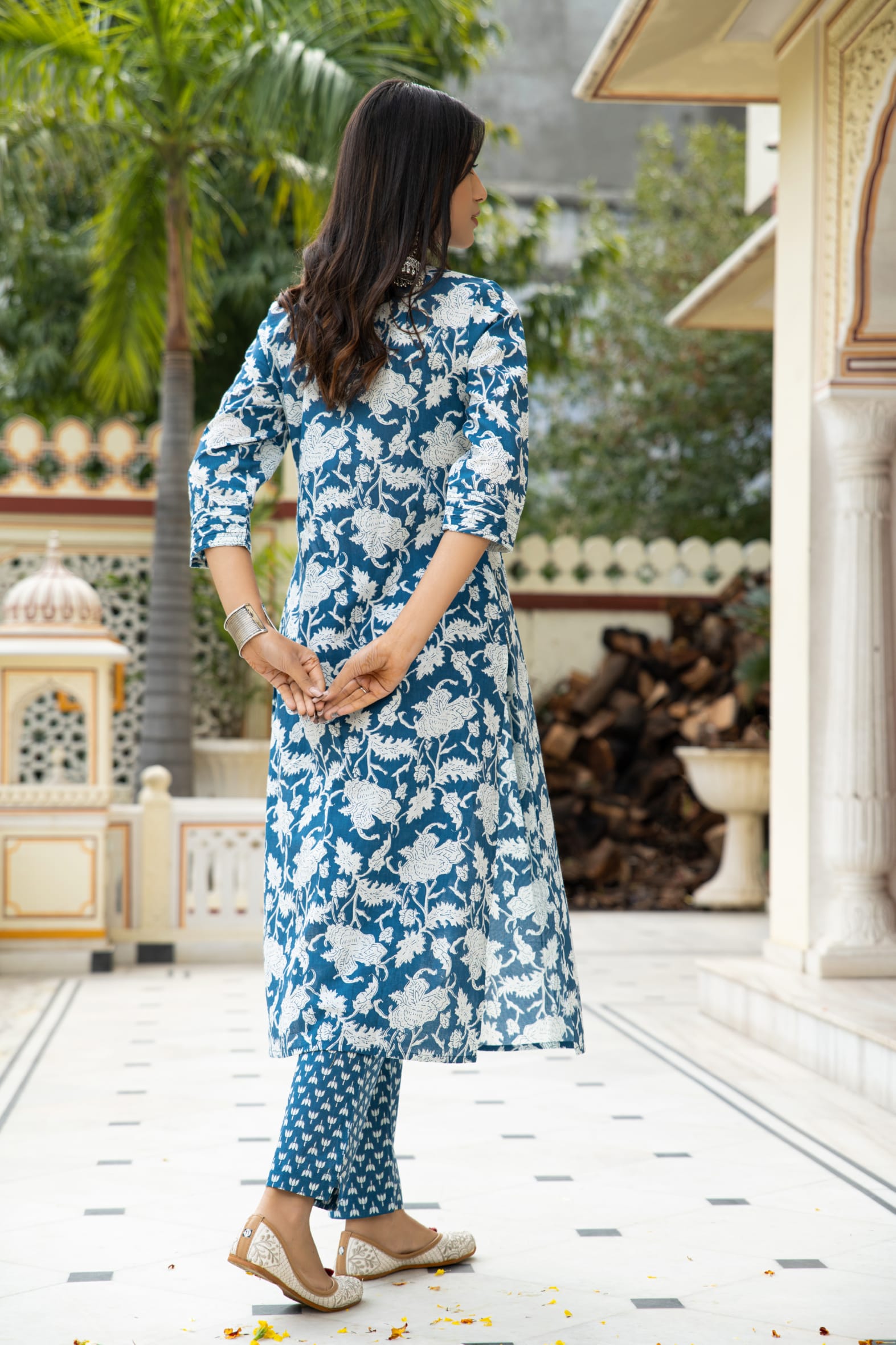 Blue Hand Block Printed Cotton Suit with Kota Doria Dupatta