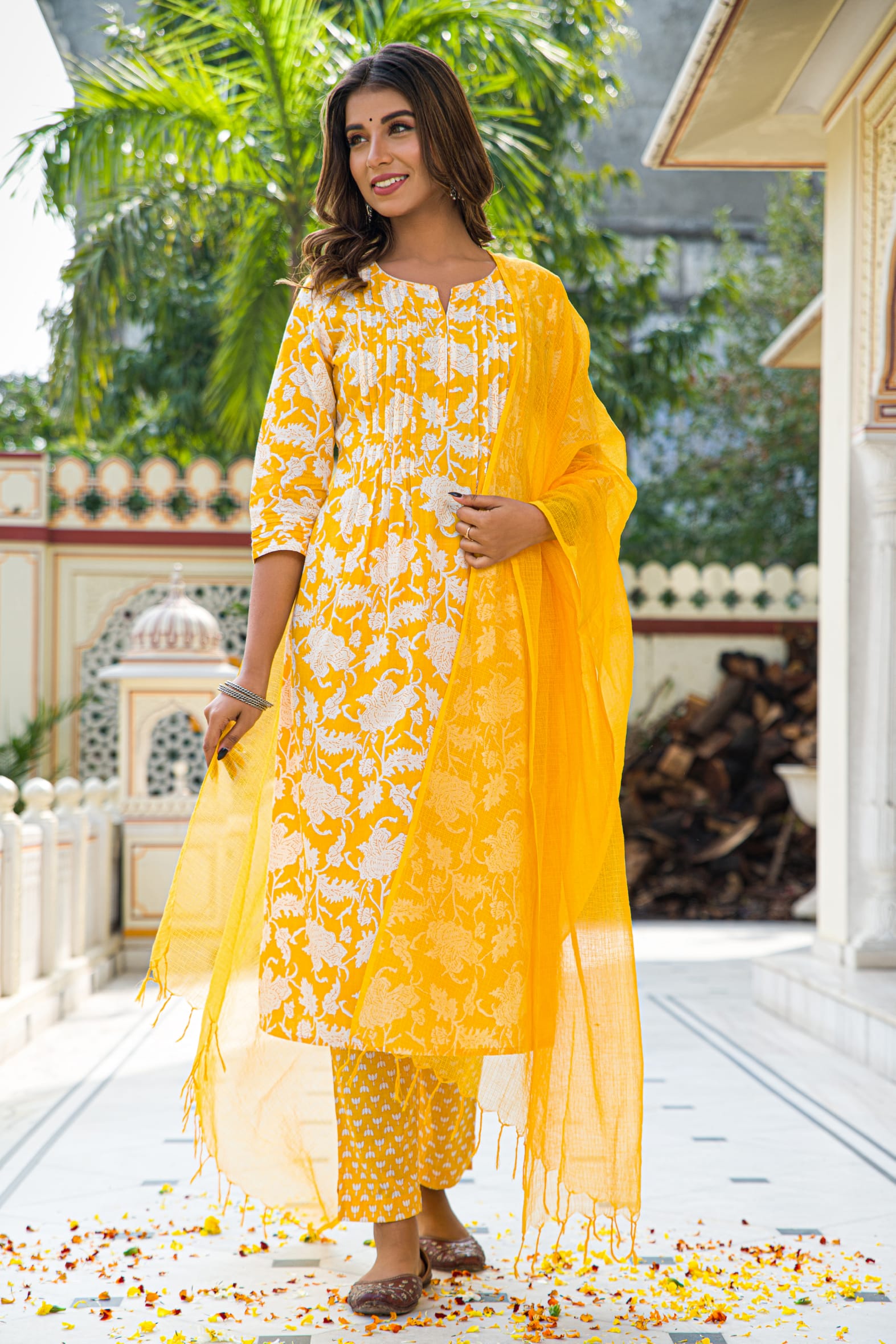 Yellow Hand Block Printed Cotton Suit with Kota Doria Dupatta