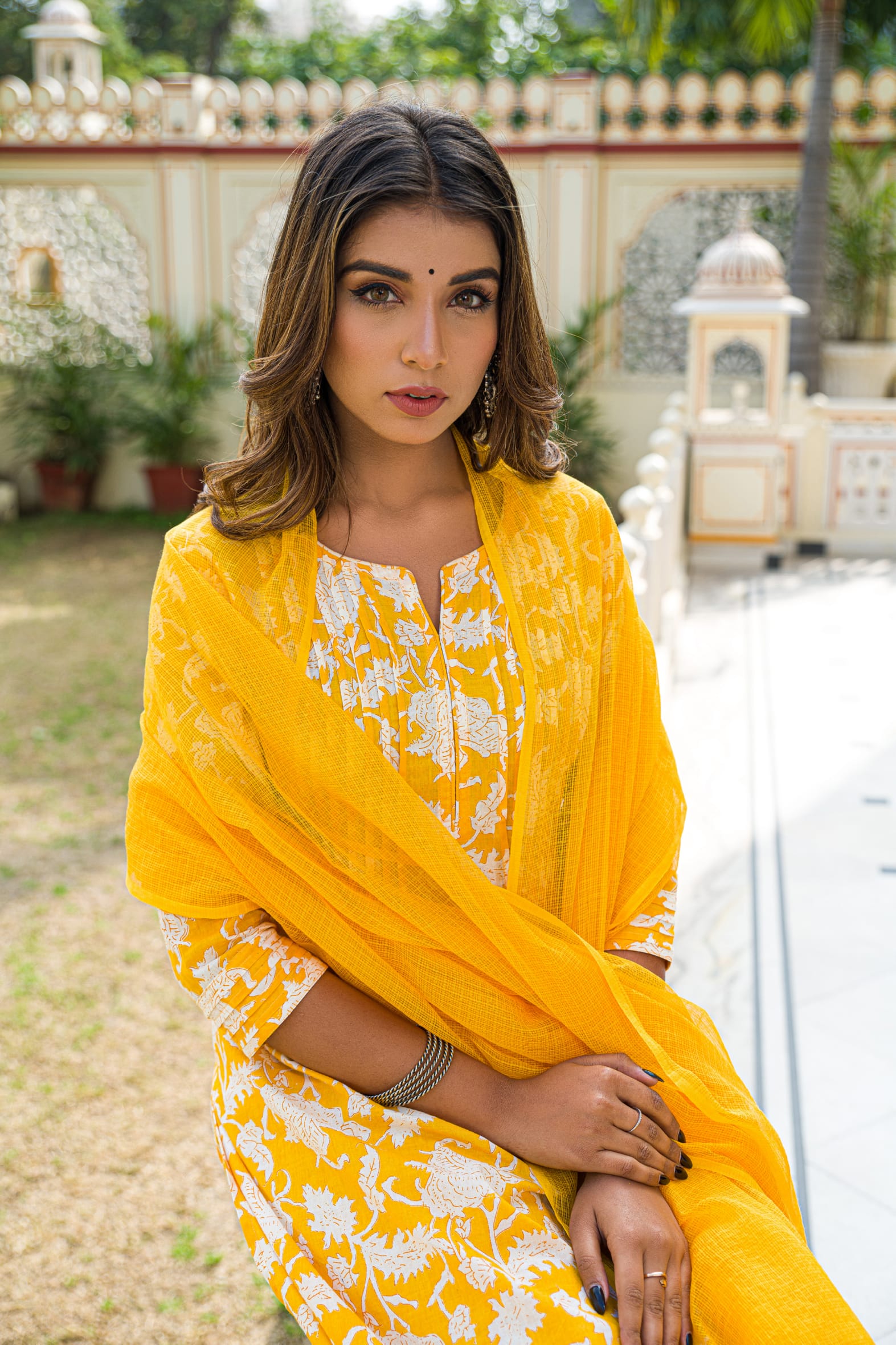 Yellow Hand Block Printed Cotton Suit with Kota Doria Dupatta