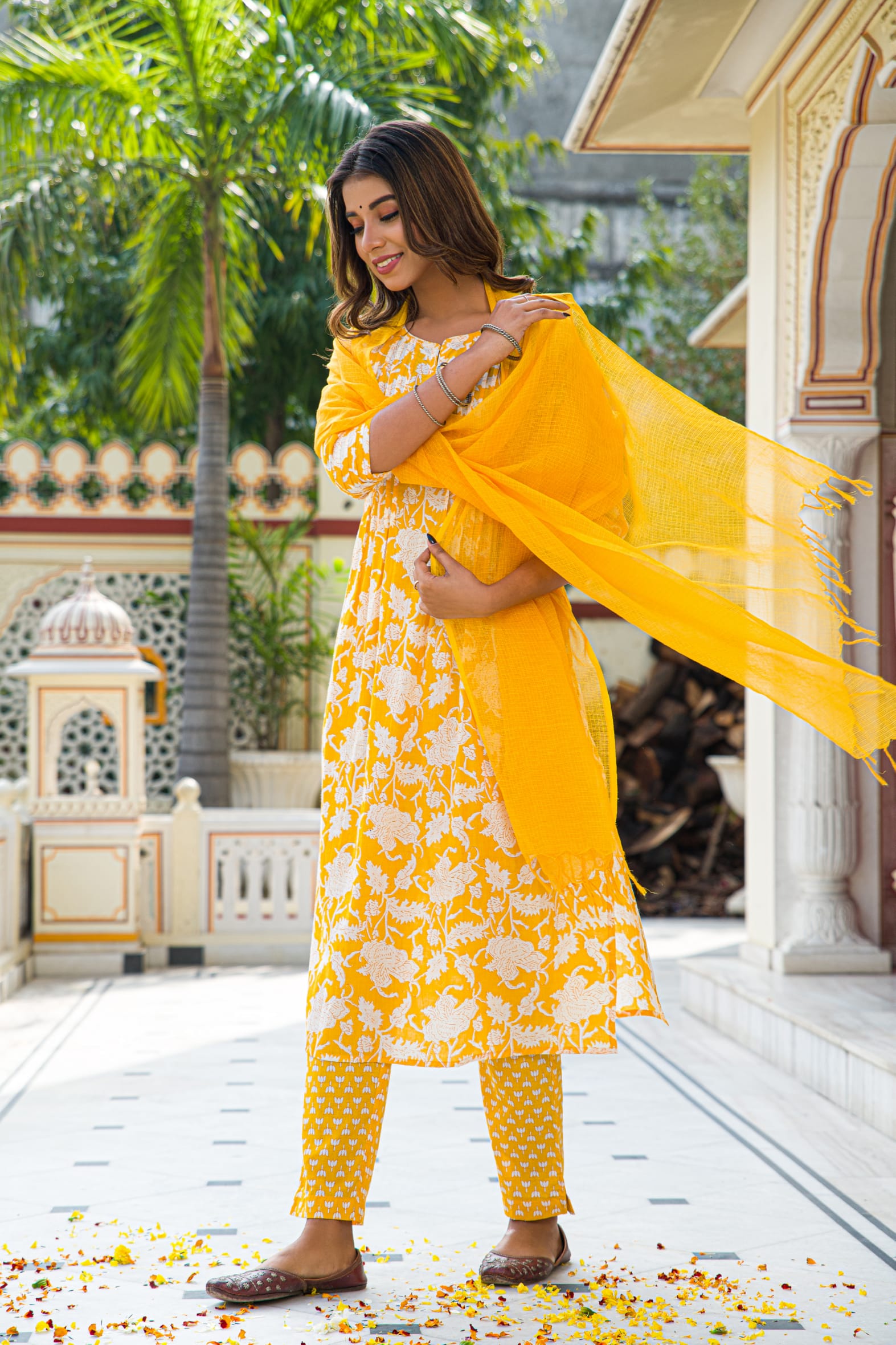 Yellow Hand Block Printed Cotton Suit with Kota Doria Dupatta