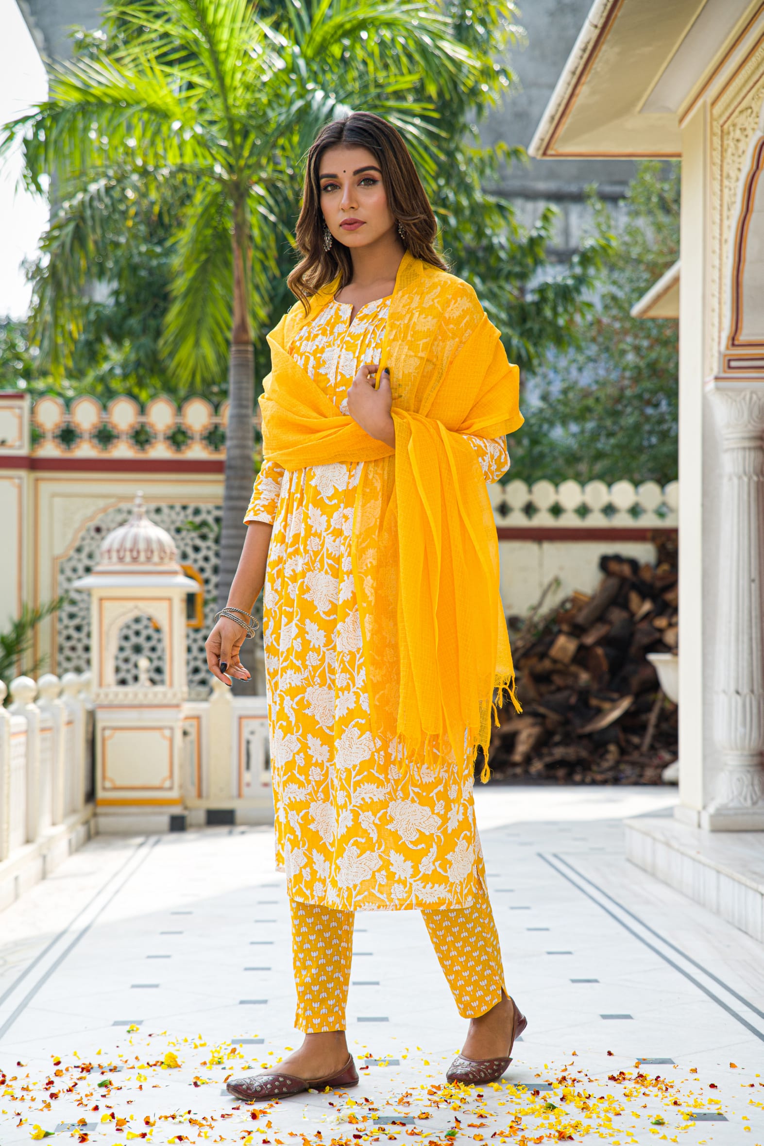 Yellow Hand Block Printed Cotton Suit with Kota Doria Dupatta