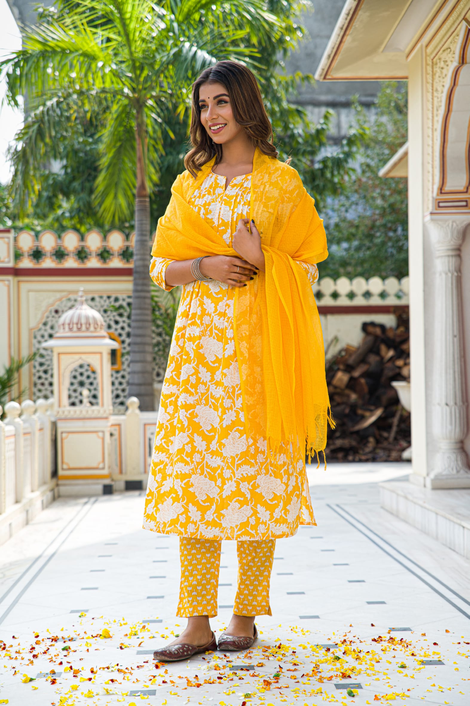 Yellow Hand Block Printed Cotton Suit with Kota Doria Dupatta