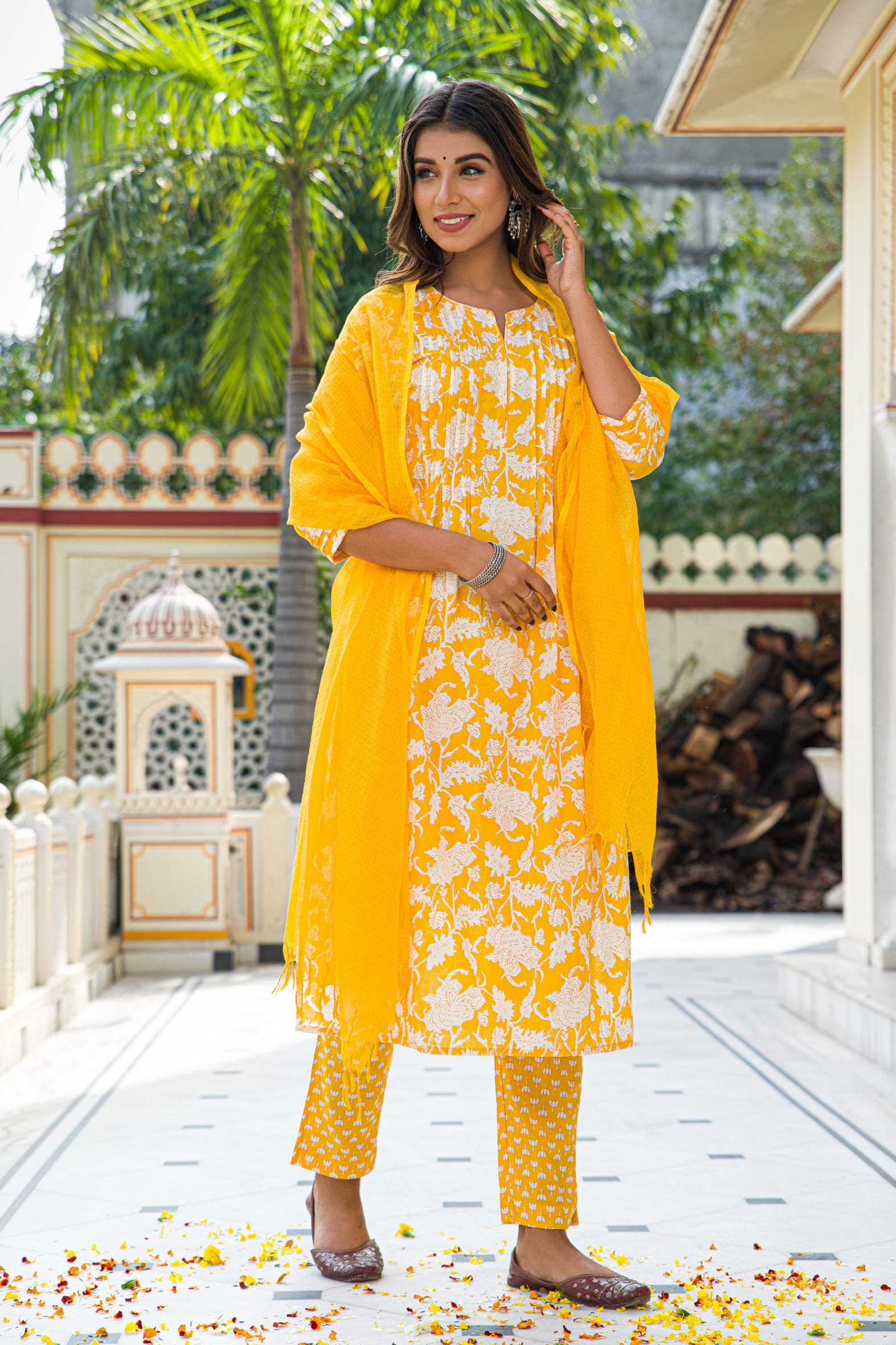 Yellow Hand Block Printed Cotton Suit with Kota Doria Dupatta