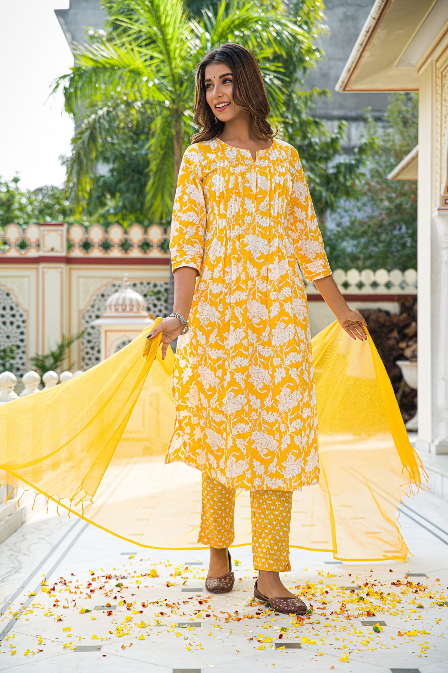 Yellow Hand Block Printed Cotton Suit with Kota Doria Dupatta