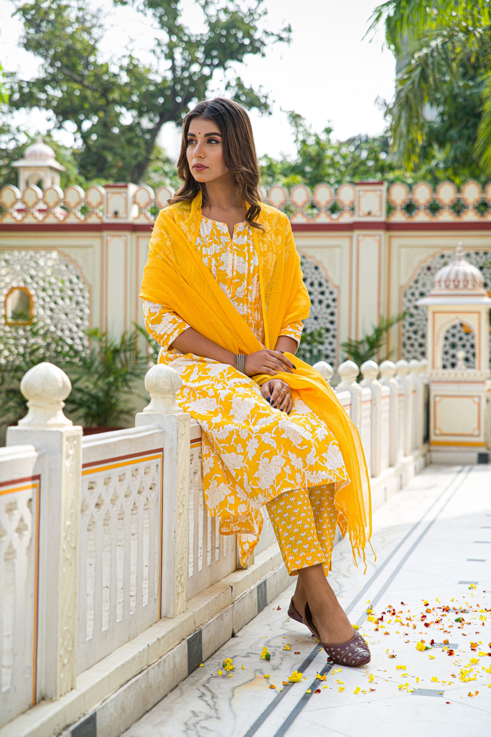 Yellow Hand Block Printed Cotton Suit with Kota Doria Dupatta