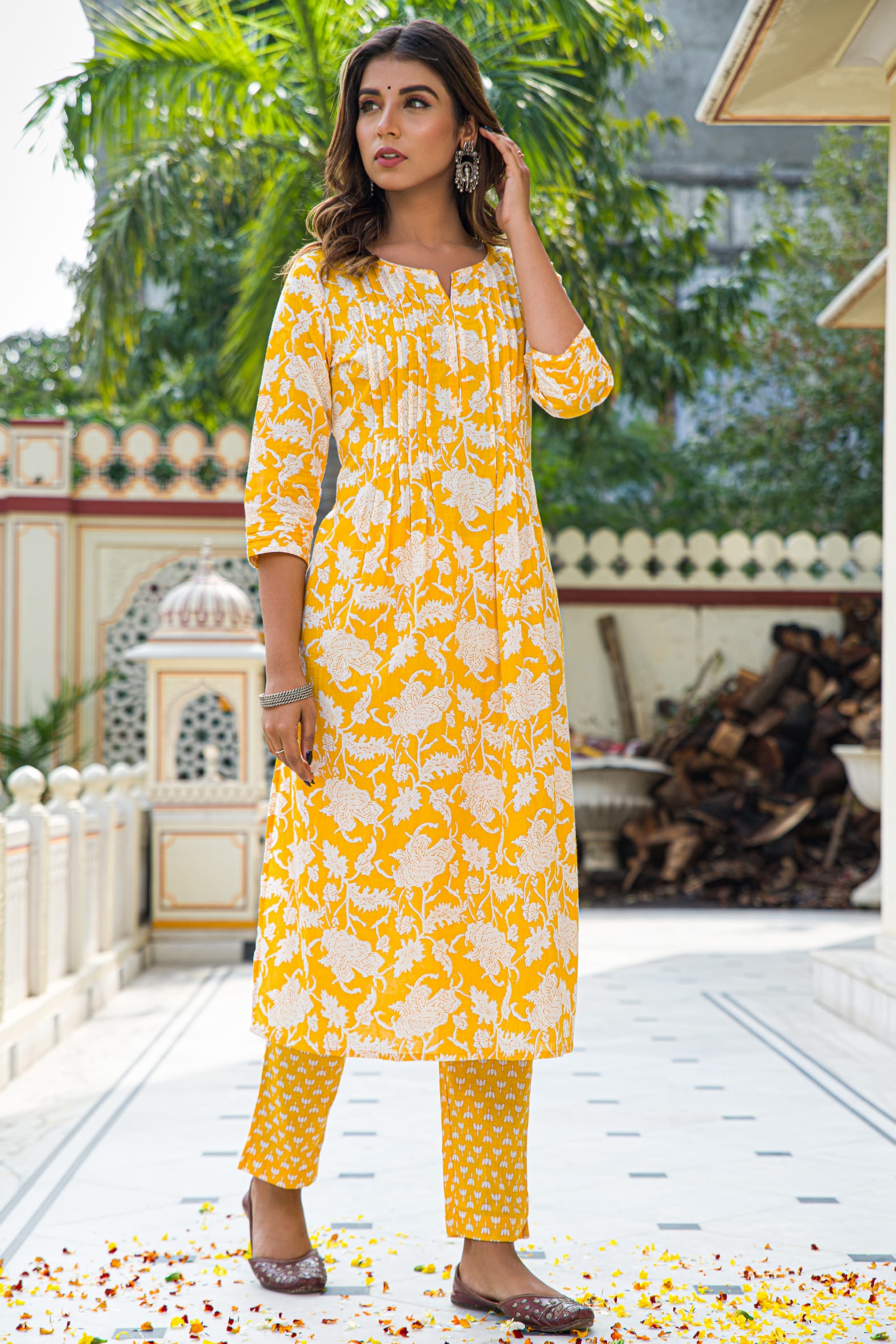 Yellow Hand Block Printed Cotton Suit with Kota Doria Dupatta