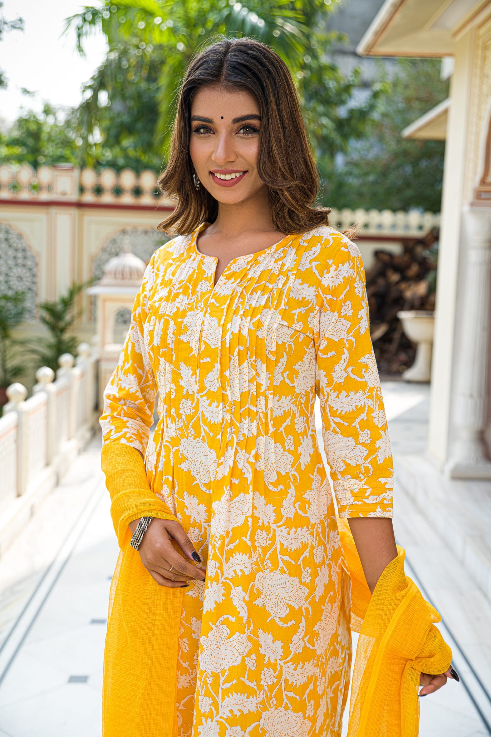 Yellow Hand Block Printed Cotton Suit with Kota Doria Dupatta