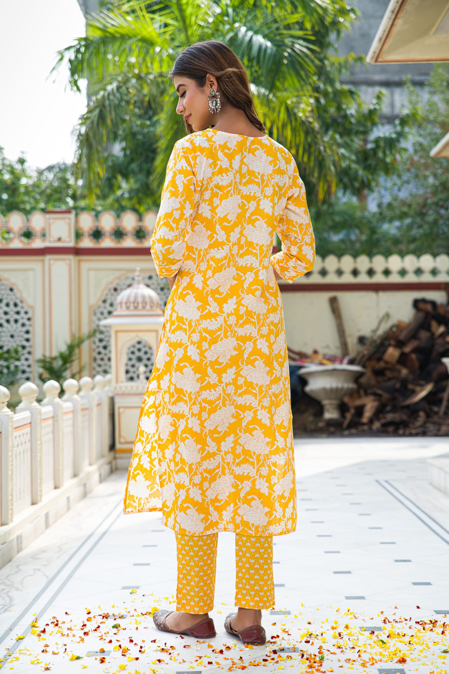 Yellow Hand Block Printed Cotton Suit with Kota Doria Dupatta