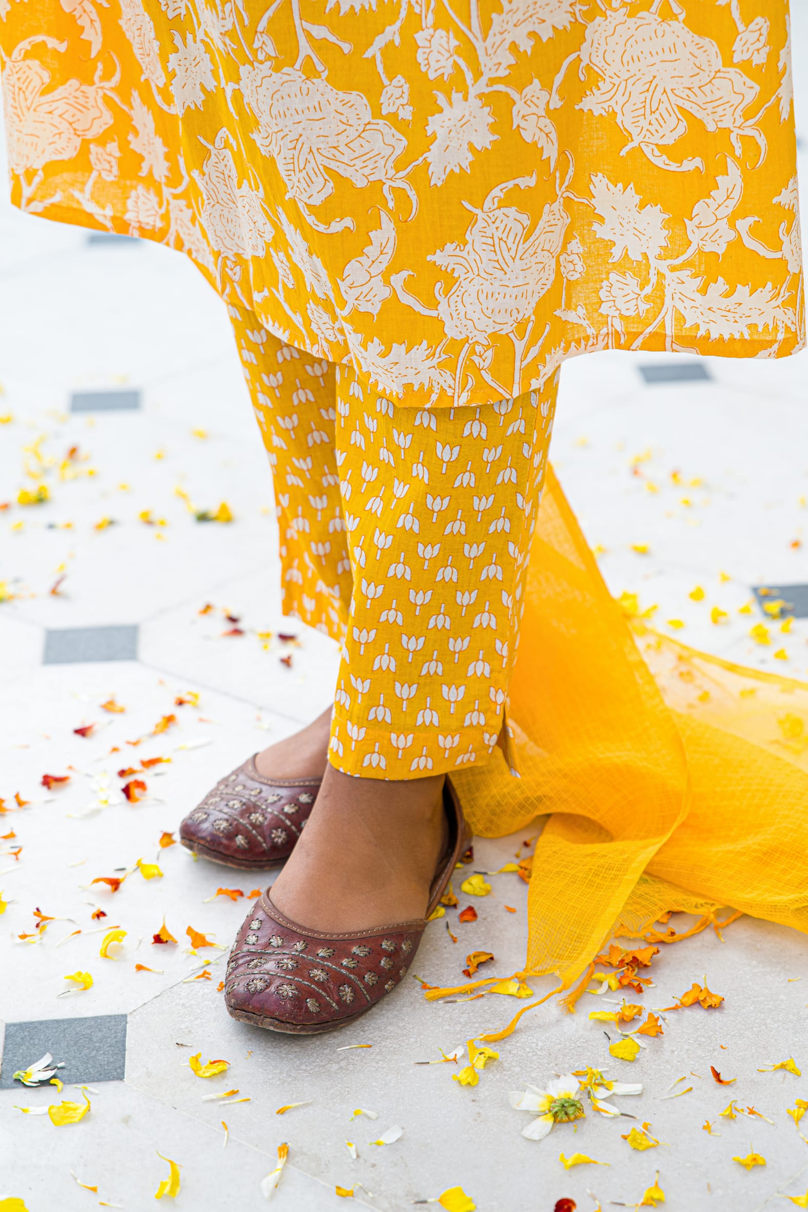 Yellow Hand Block Printed Cotton Suit with Kota Doria Dupatta