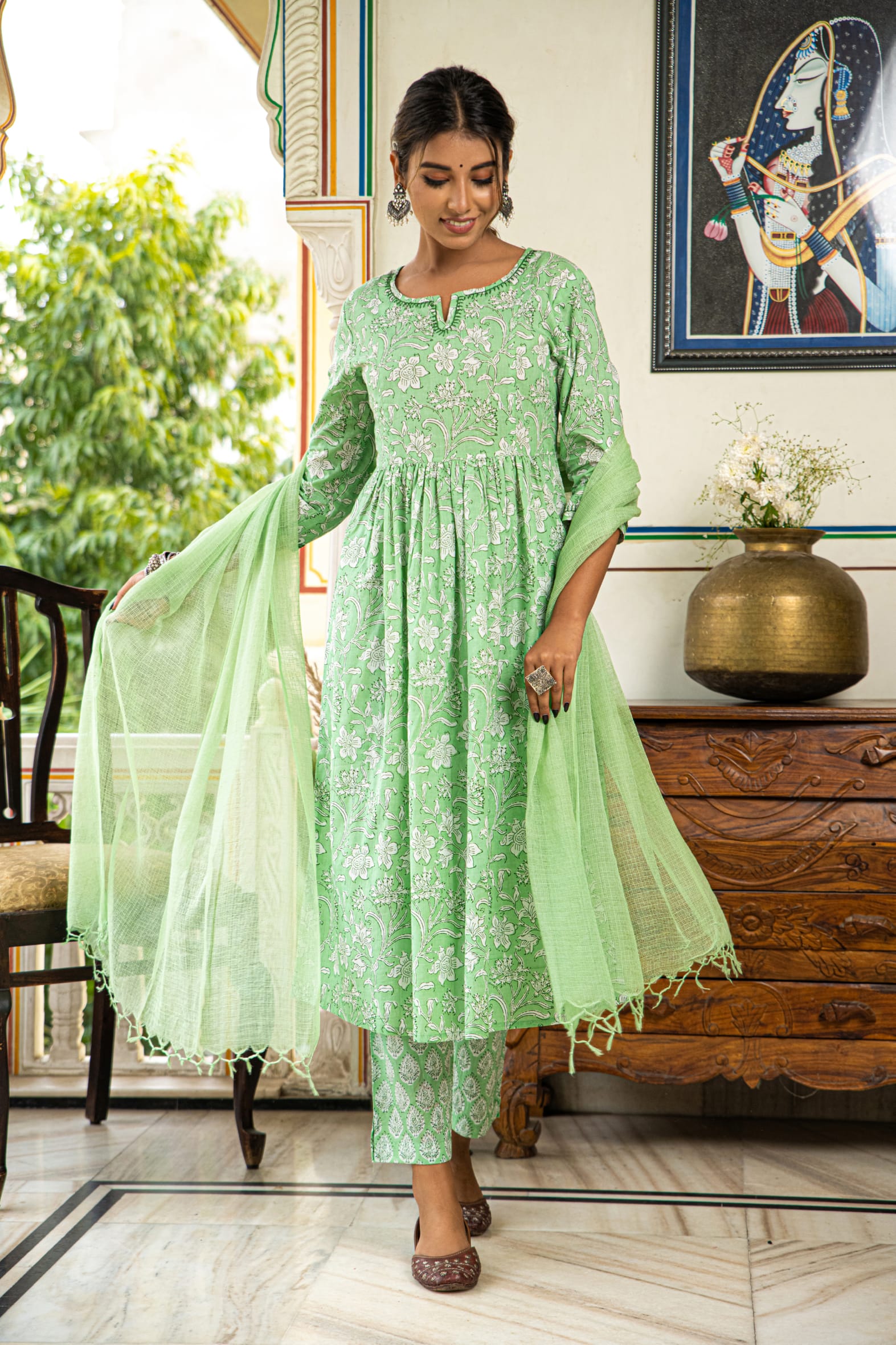 Green Printed Cotton Suit with Kota Doria Dupatta