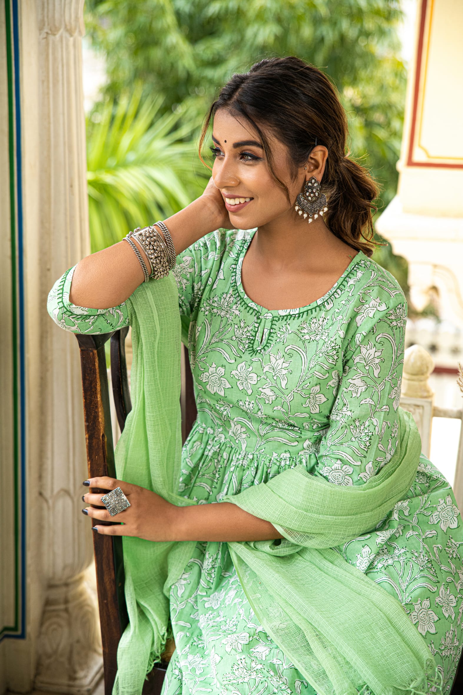 Green Printed Cotton Suit with Kota Doria Dupatta