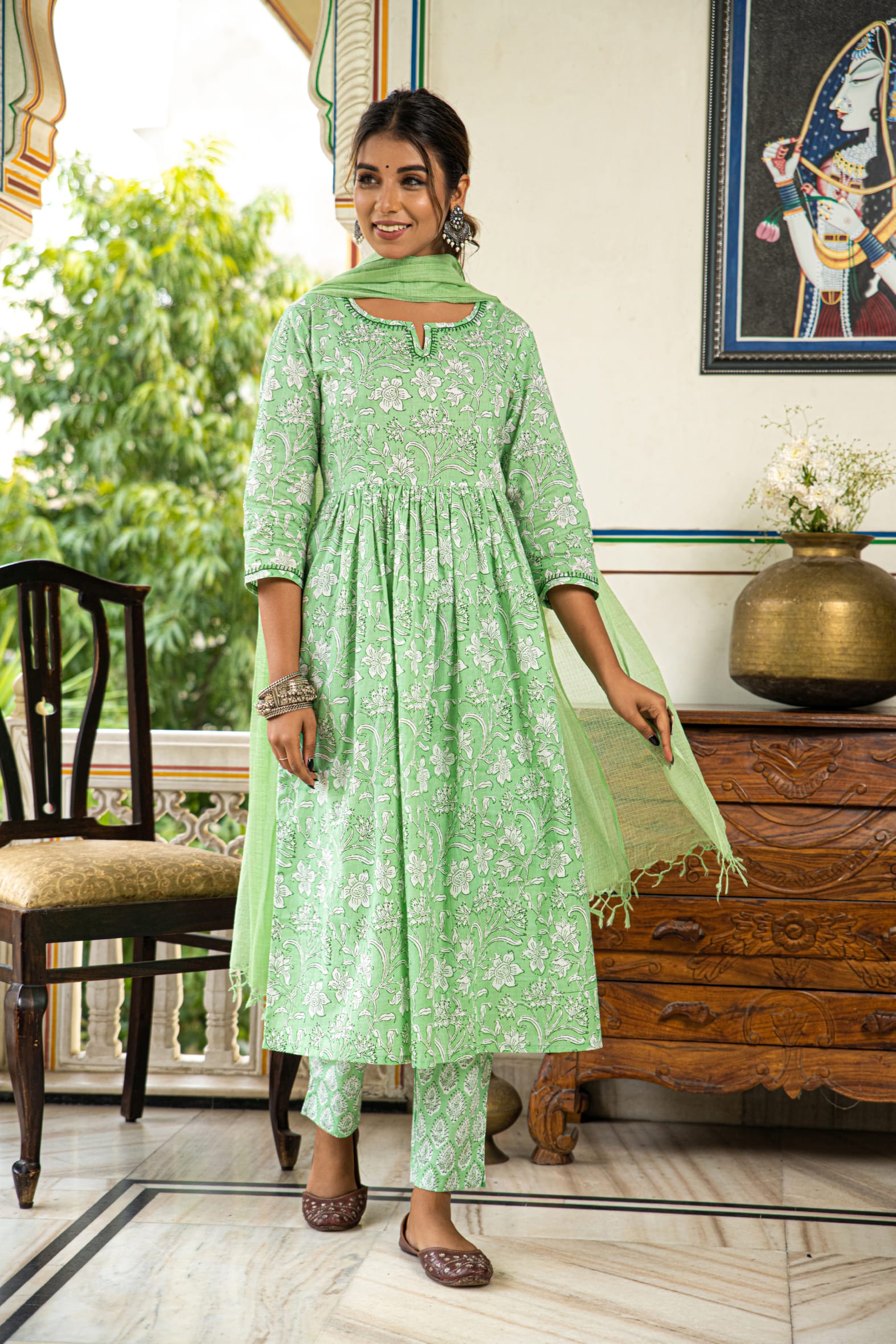 Green Printed Cotton Suit with Kota Doria Dupatta