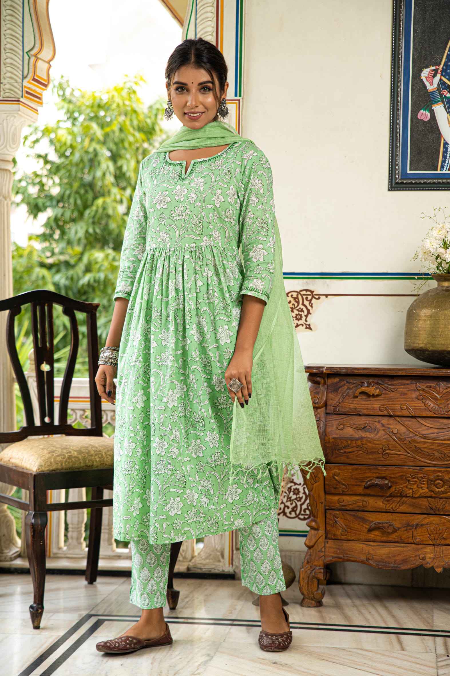 Green Printed Cotton Suit with Kota Doria Dupatta