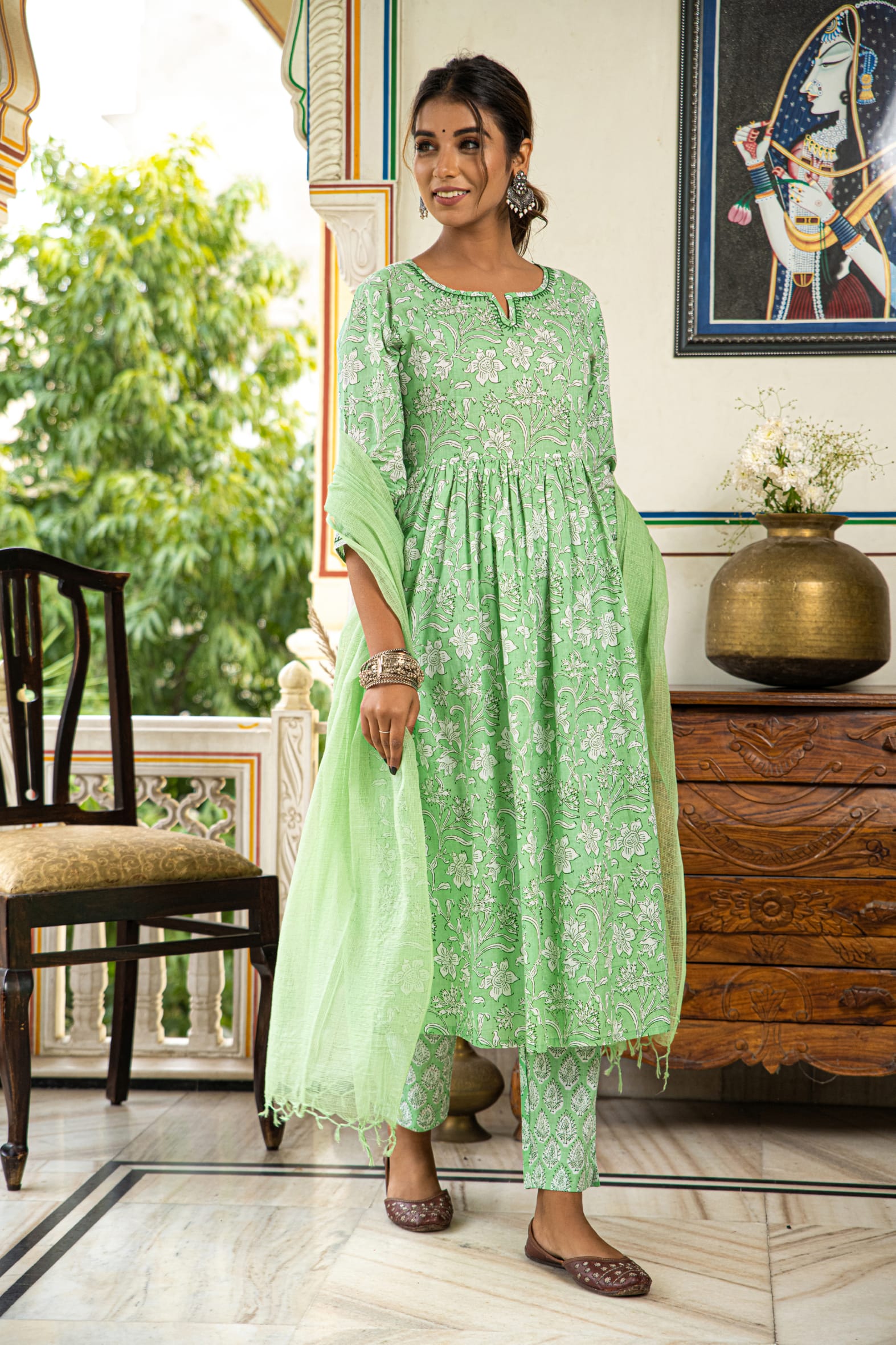 Green Printed Cotton Suit with Kota Doria Dupatta