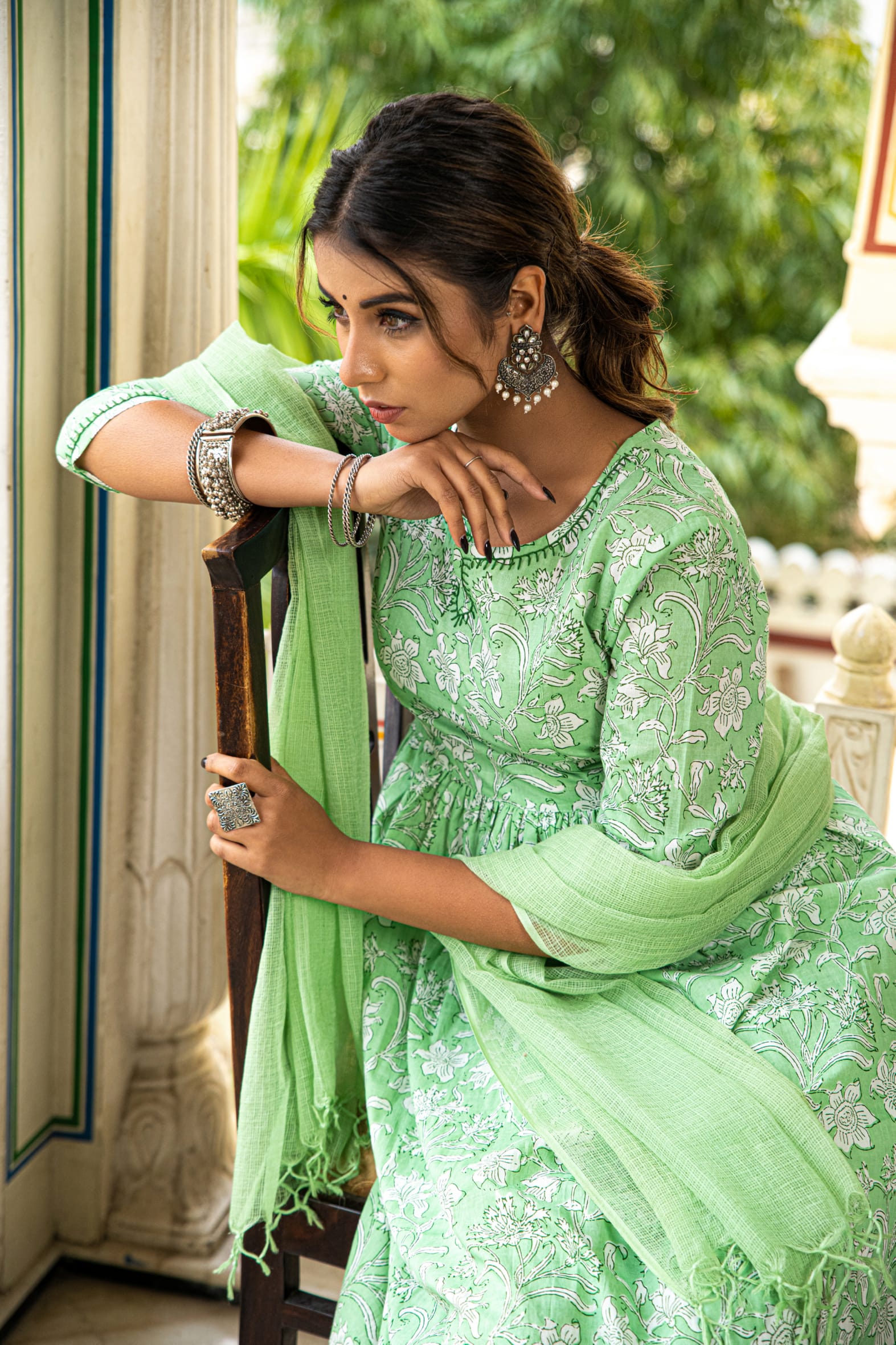 Green Printed Cotton Suit with Kota Doria Dupatta