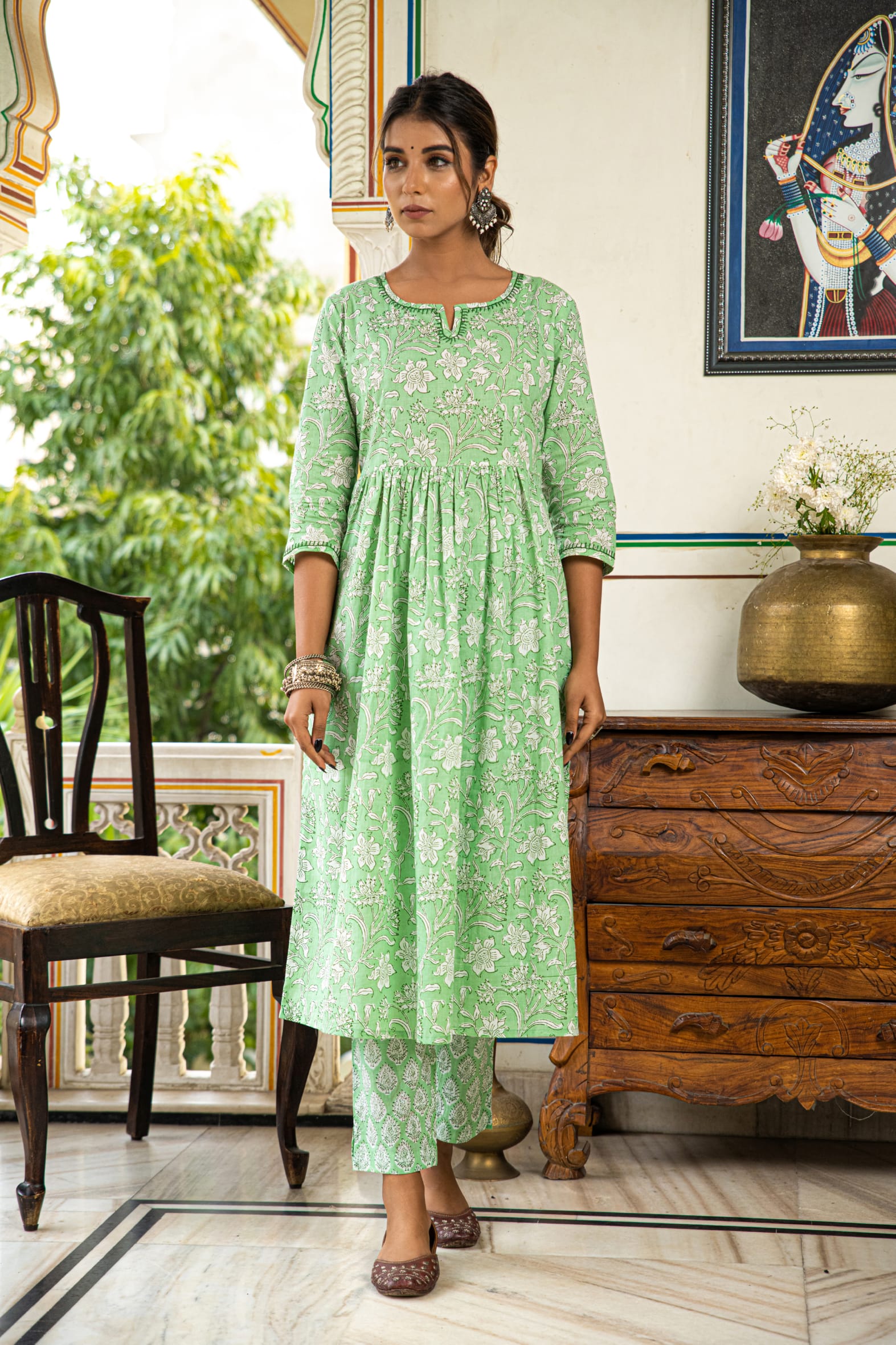 Green Printed Cotton Suit with Kota Doria Dupatta