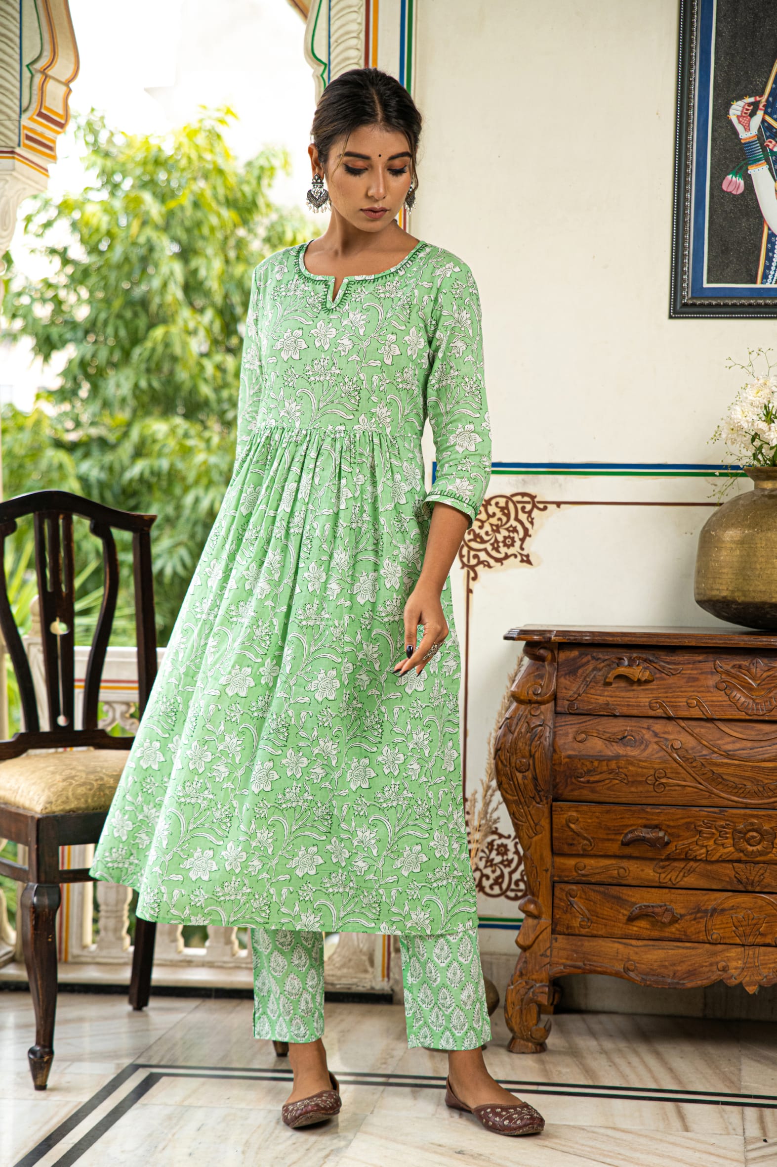 Green Printed Cotton Suit with Kota Doria Dupatta