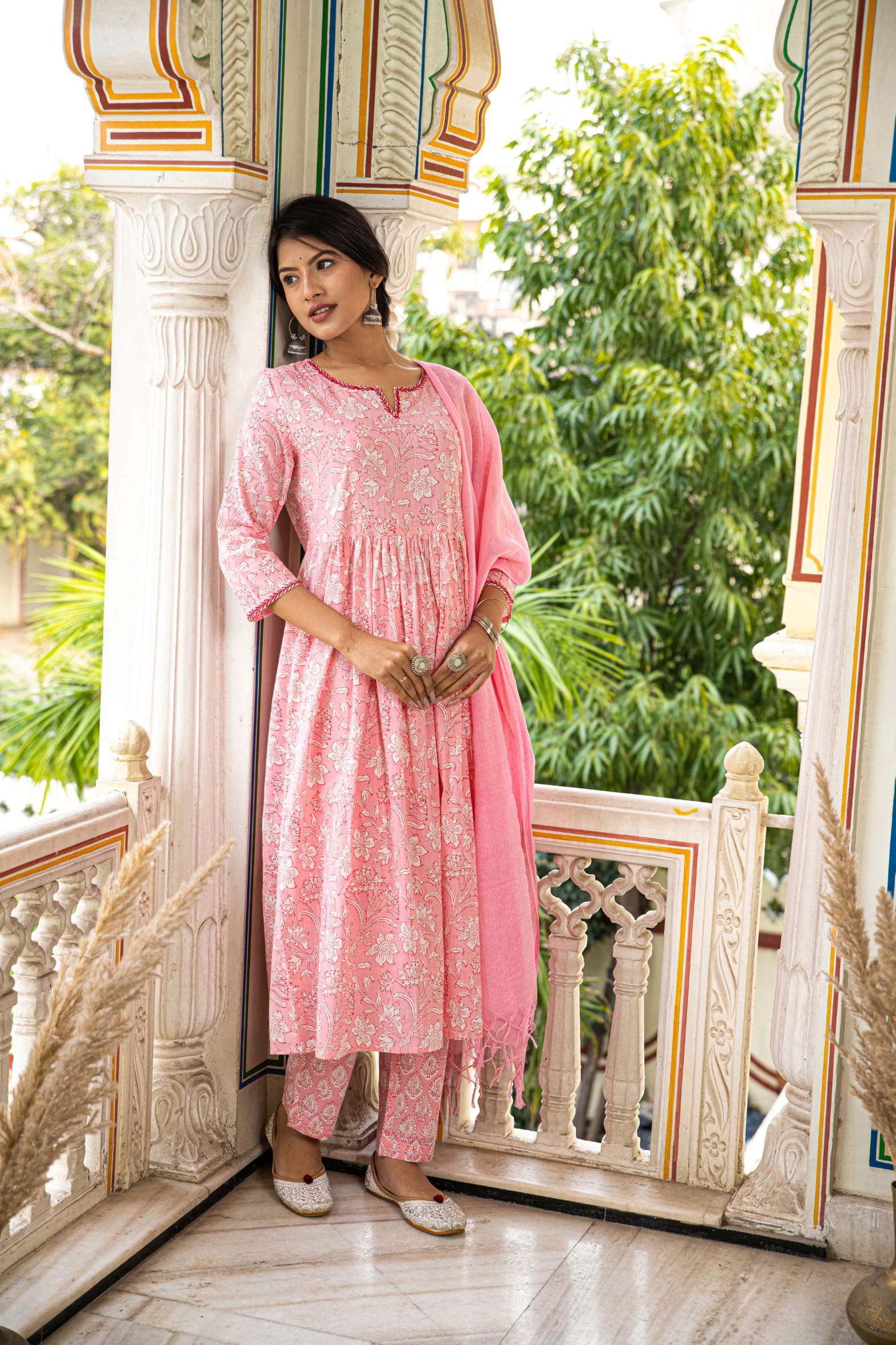 Pink Printed Cotton Suit with Kota Doria Dupatta