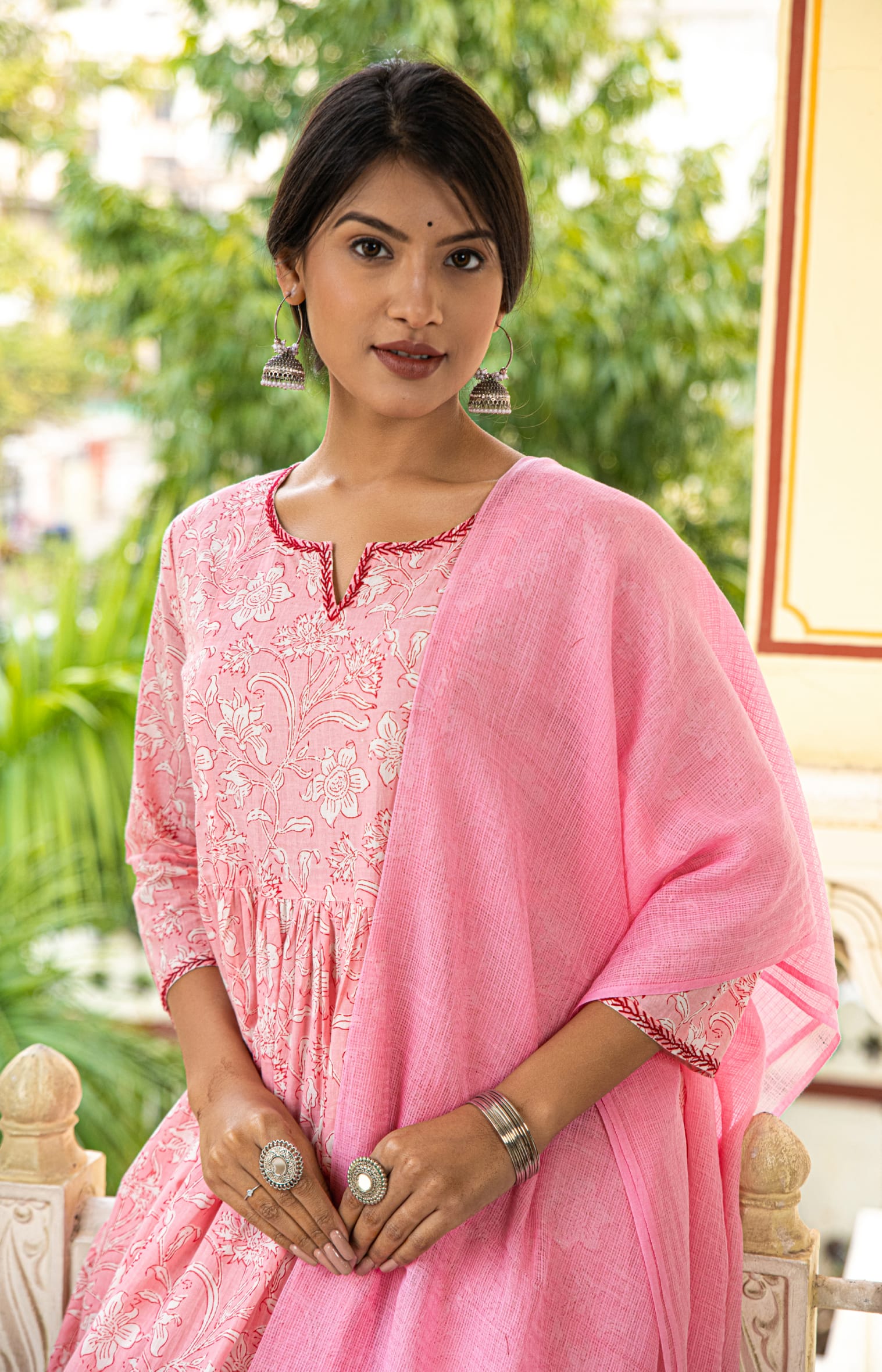 Pink Printed Cotton Suit with Kota Doria Dupatta