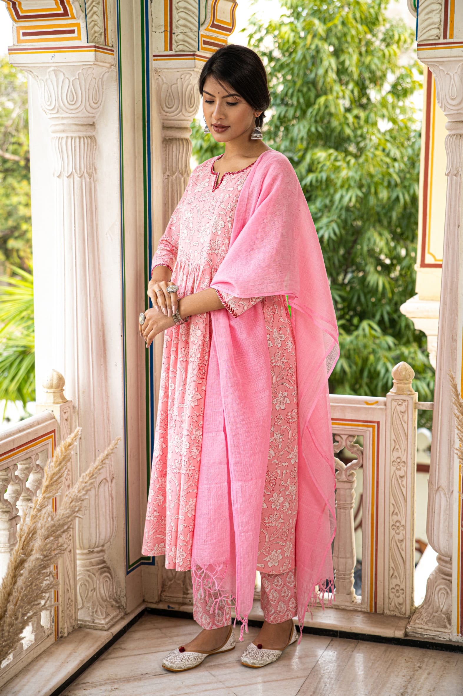 Pink Printed Cotton Suit with Kota Doria Dupatta