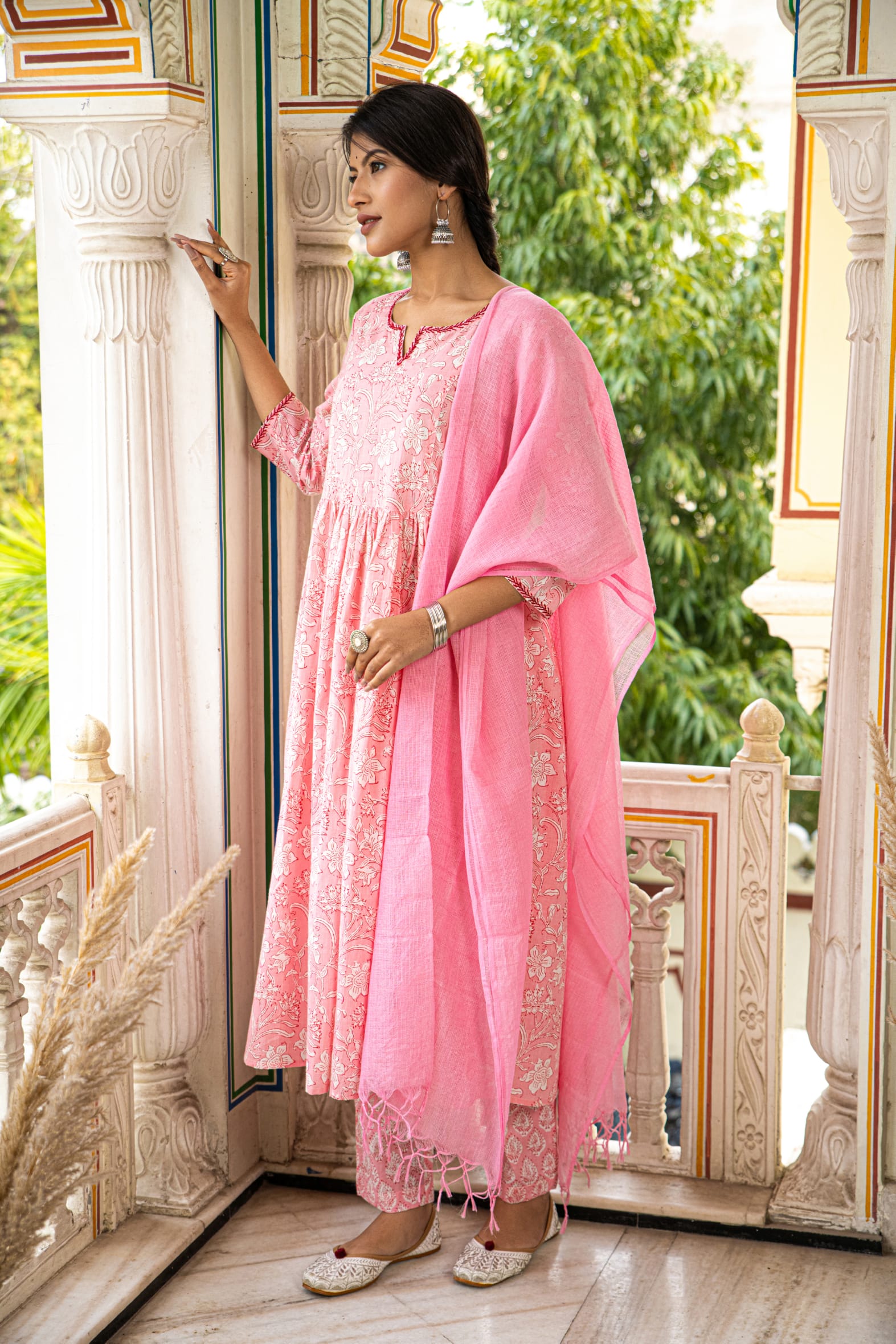 Pink Printed Cotton Suit with Kota Doria Dupatta