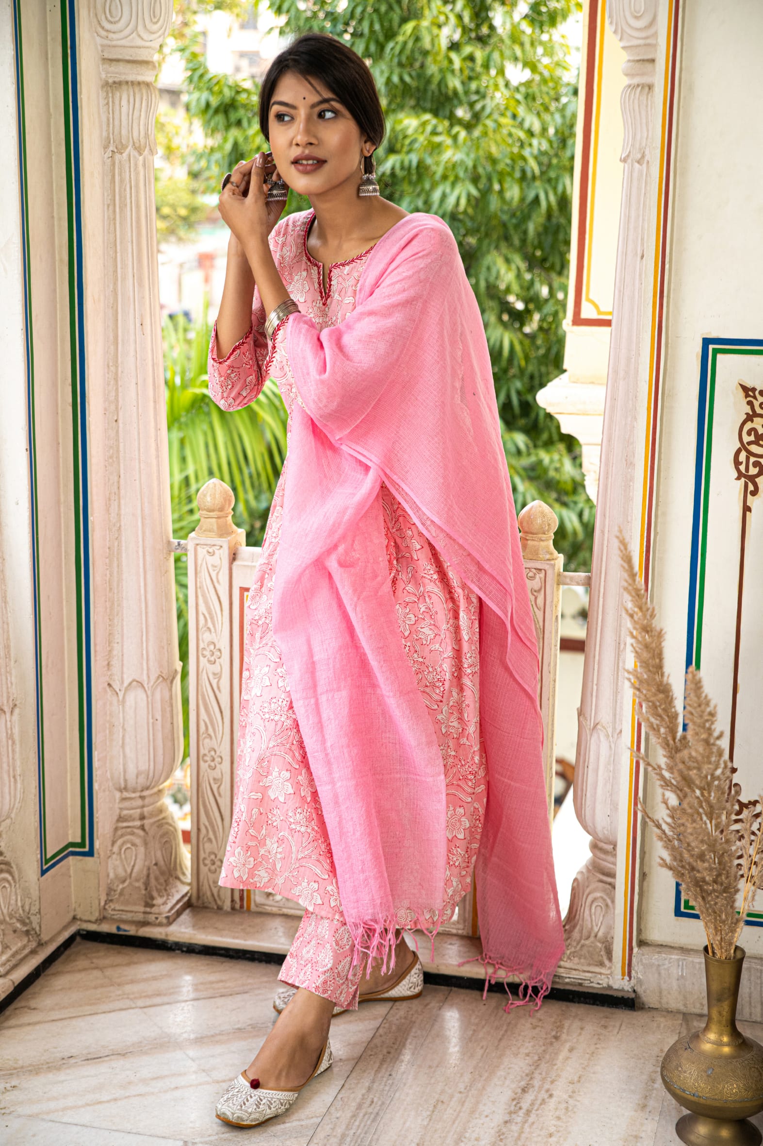 Pink Printed Cotton Suit with Kota Doria Dupatta