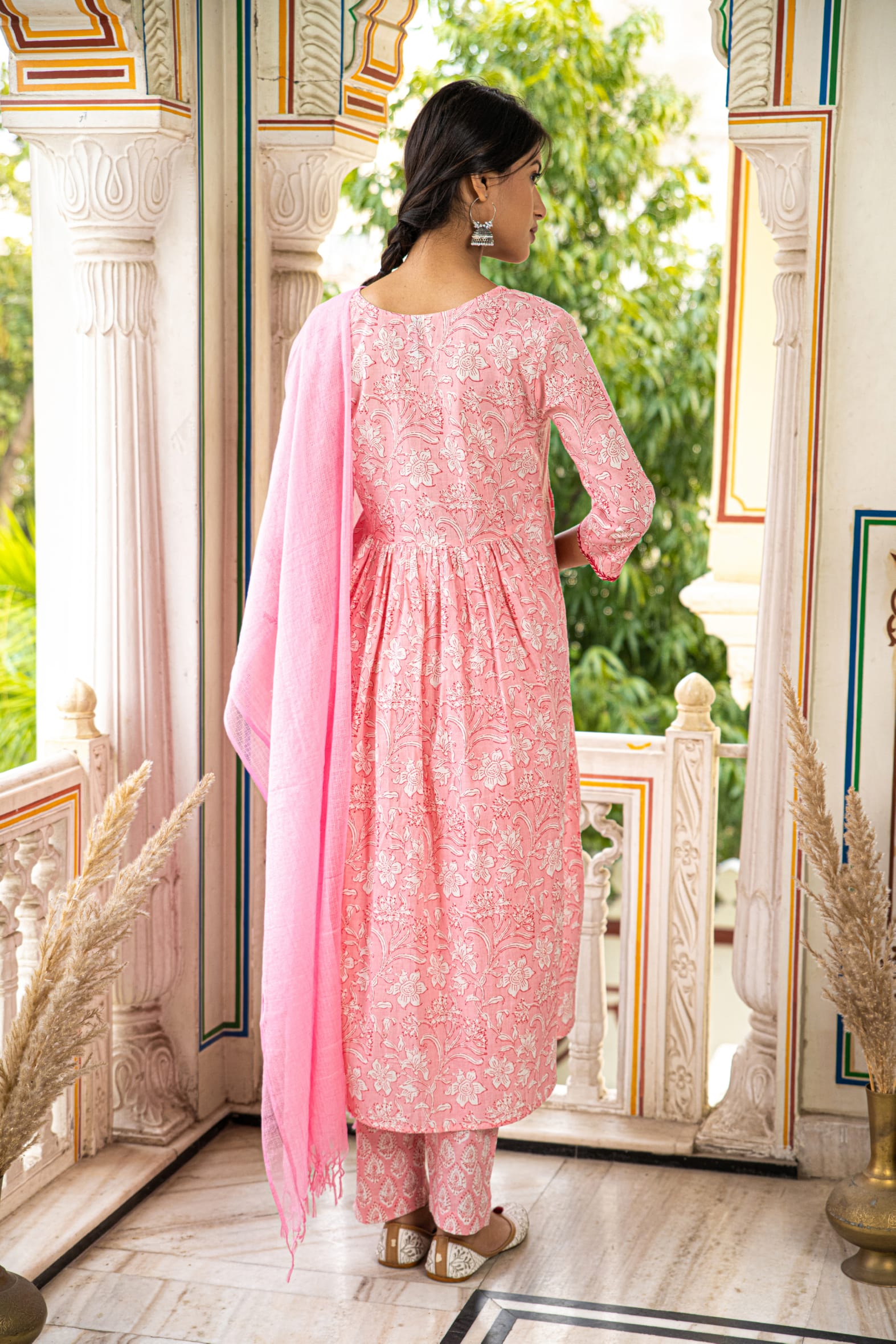 Pink Printed Cotton Suit with Kota Doria Dupatta