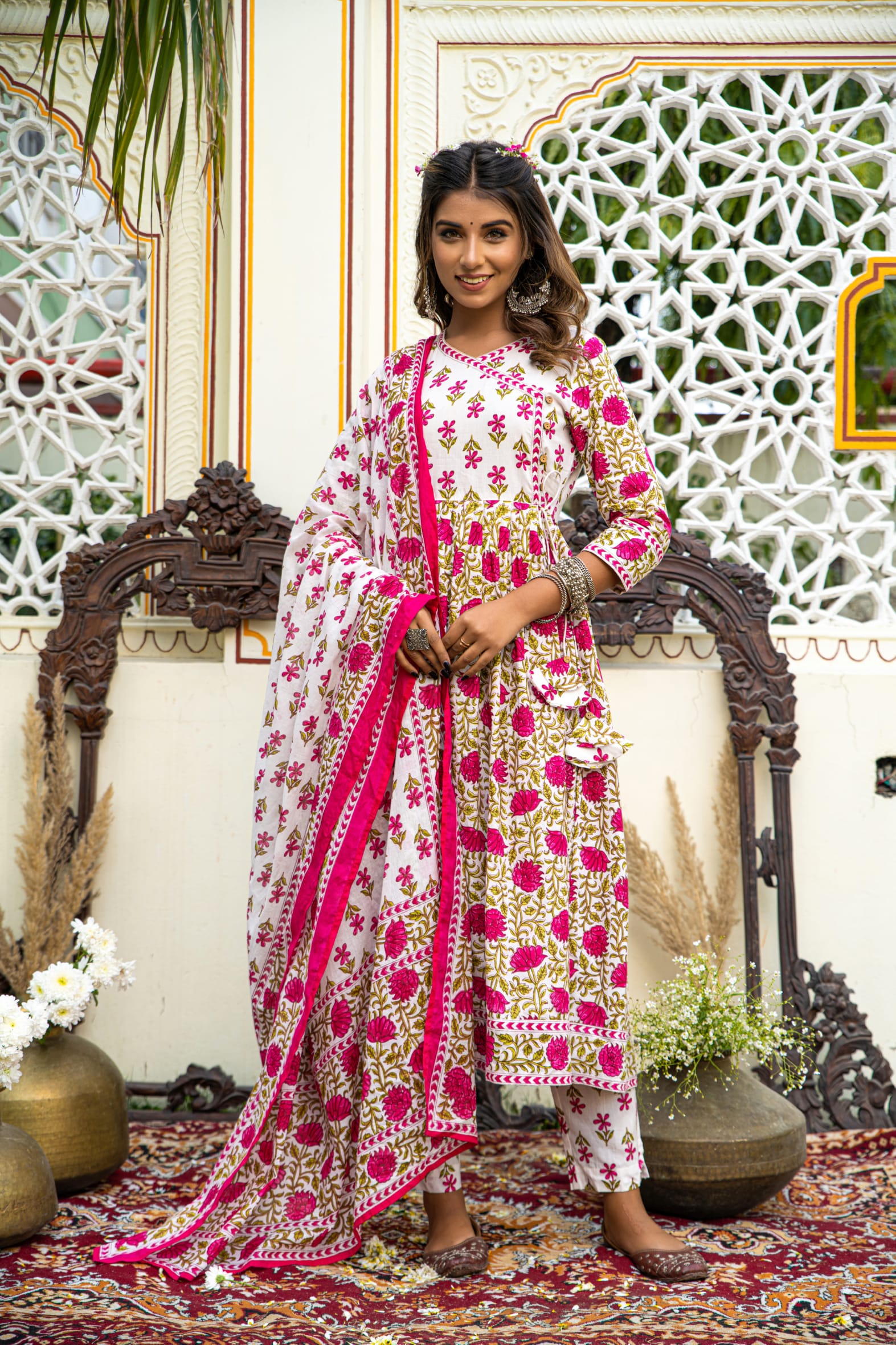 White Pink Hand Block Printed Cotton Angrakha Suit with Dupatta