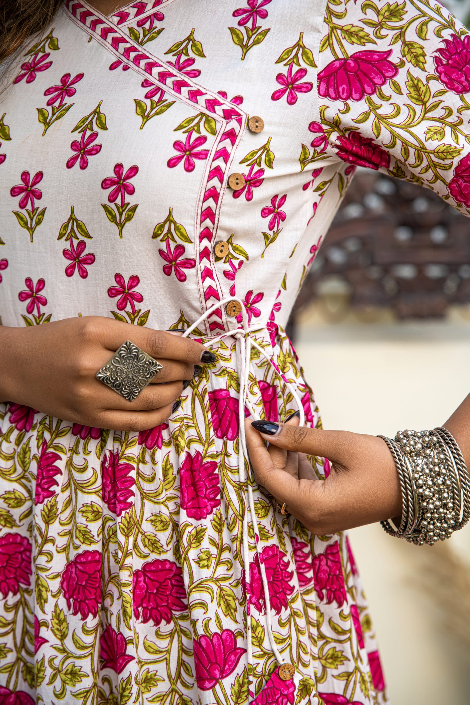 White Pink Hand Block Printed Cotton Angrakha Suit with Dupatta