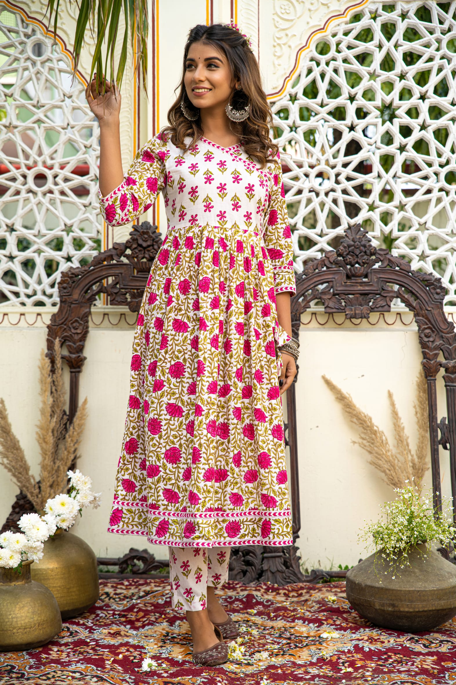 White Pink Hand Block Printed Cotton Angrakha Suit with Dupatta