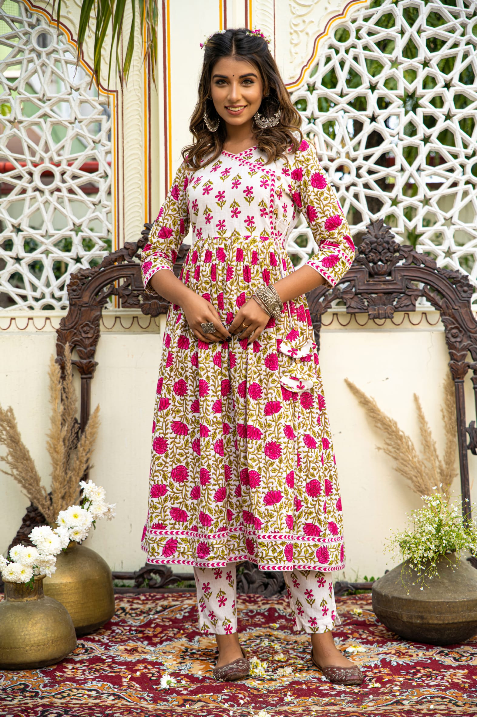 White Pink Hand Block Printed Cotton Angrakha Suit with Dupatta