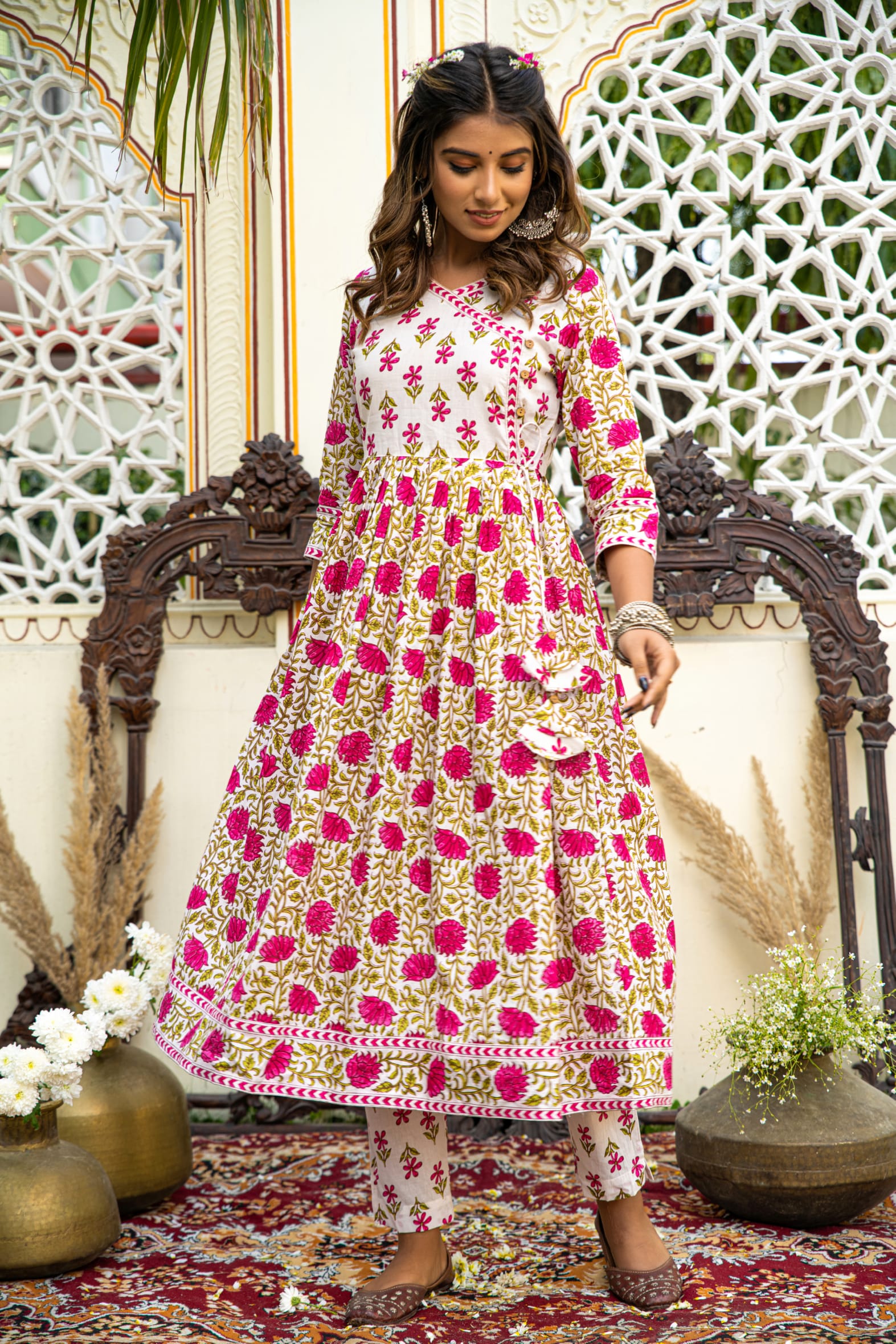 White Pink Hand Block Printed Cotton Angrakha Suit with Dupatta