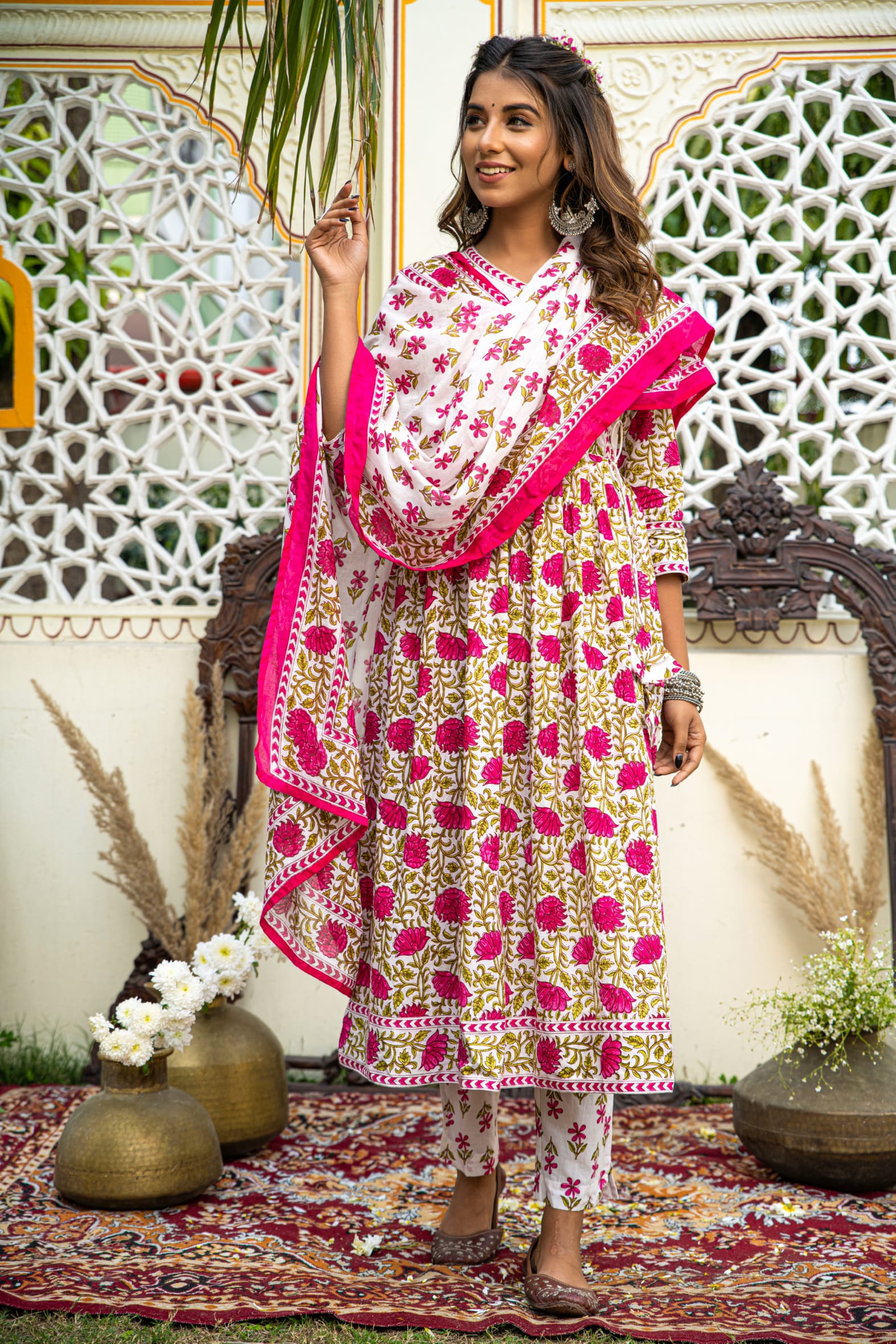 White Pink Hand Block Printed Cotton Angrakha Suit with Dupatta