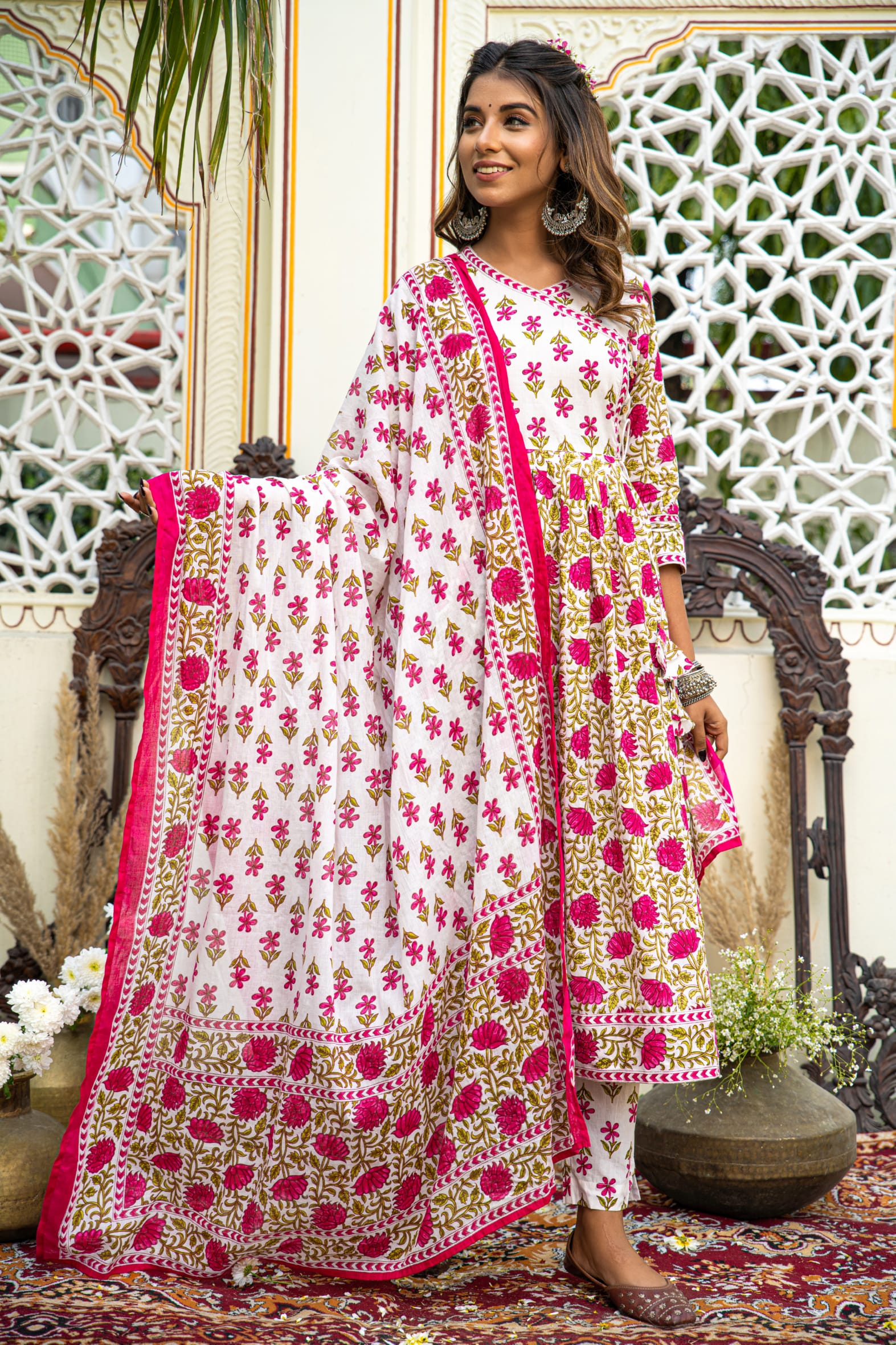 White Pink Hand Block Printed Cotton Angrakha Suit with Dupatta