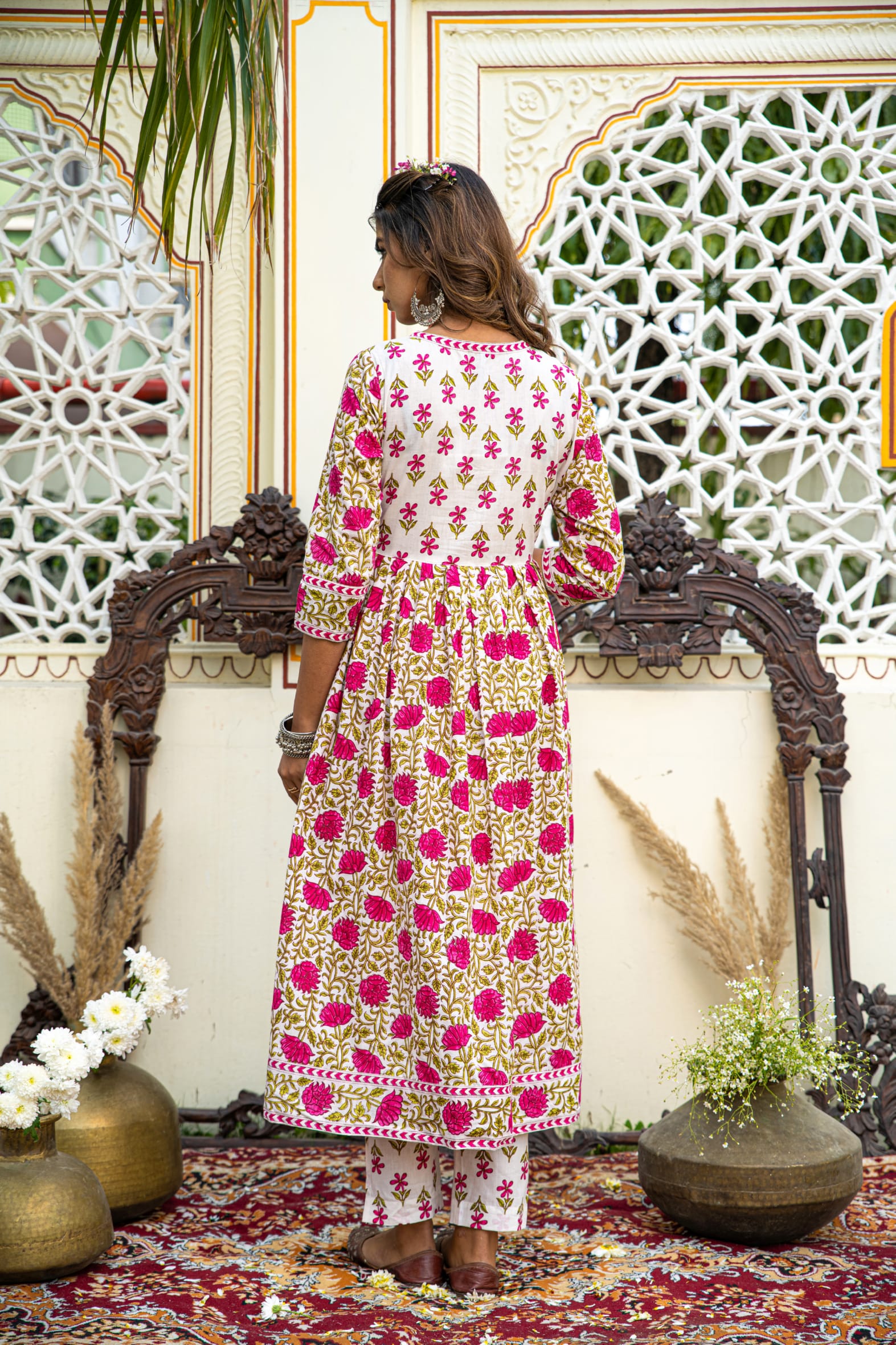 White Pink Hand Block Printed Cotton Angrakha Suit with Dupatta