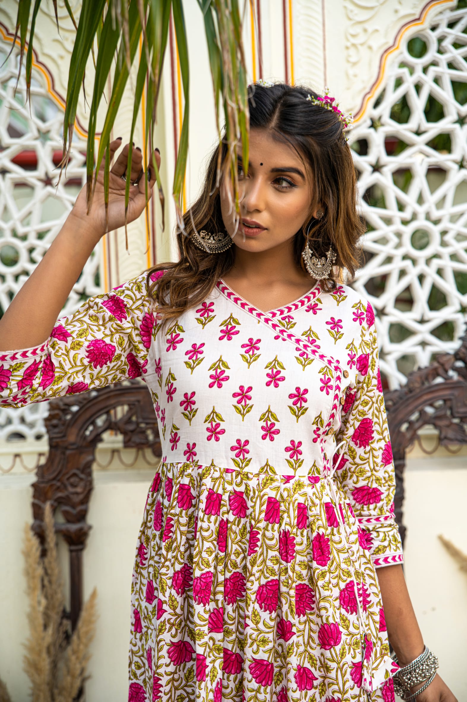 White Pink Hand Block Printed Cotton Angrakha Suit with Dupatta