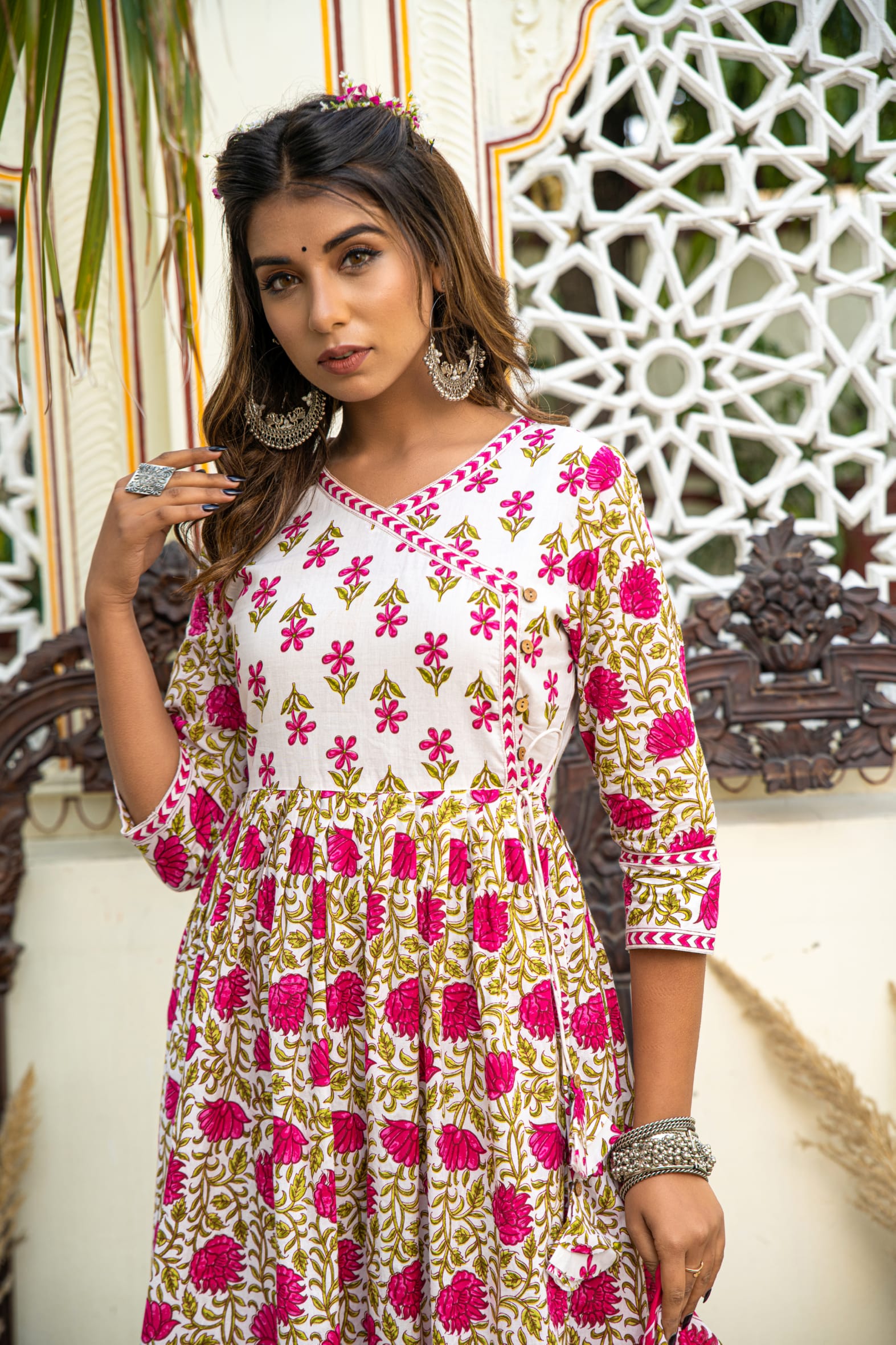 White Pink Hand Block Printed Cotton Angrakha Suit with Dupatta