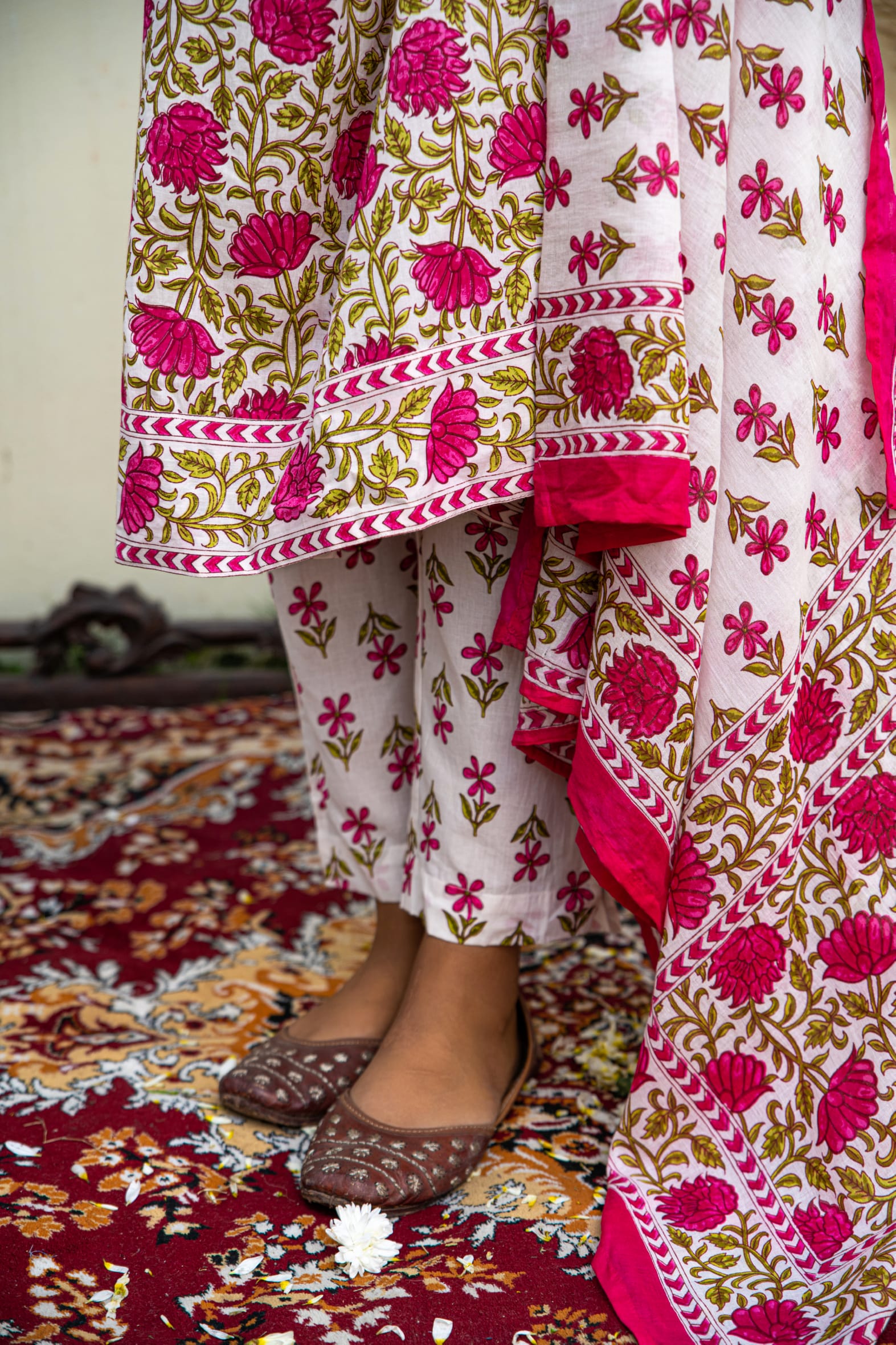 White Pink Hand Block Printed Cotton Angrakha Suit with Dupatta