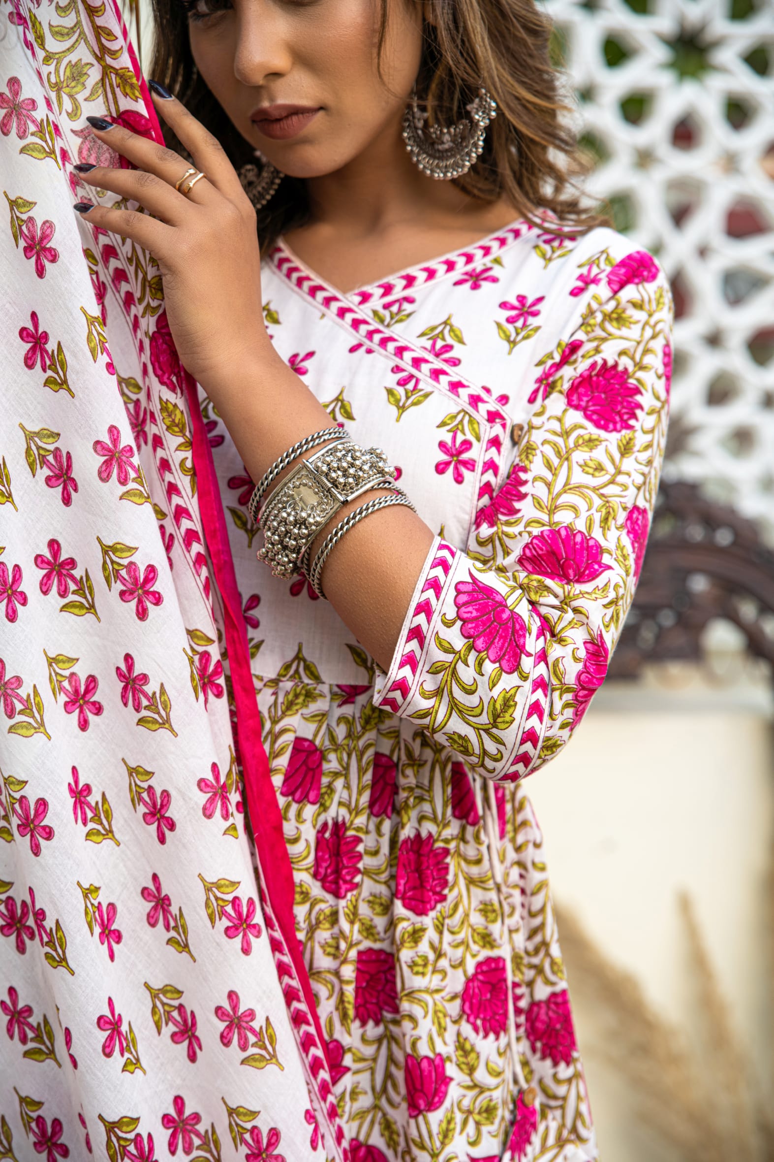 White Pink Hand Block Printed Cotton Angrakha Suit with Dupatta