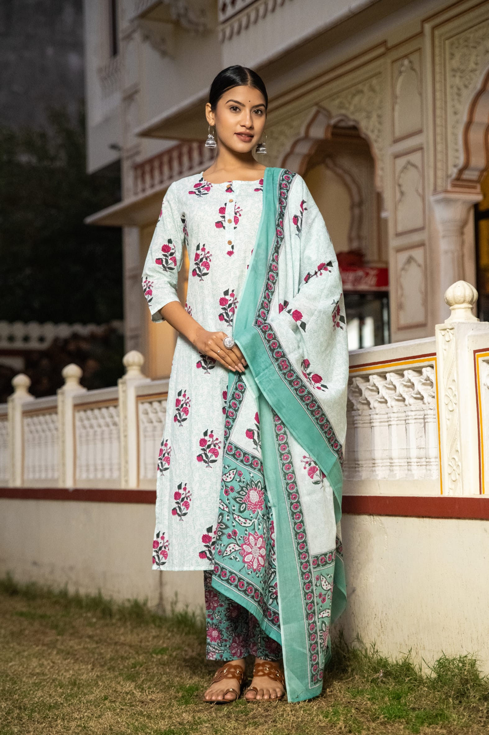 White Cotton Butta Block Printed Kurta Pant Set With Cotton Dupatta