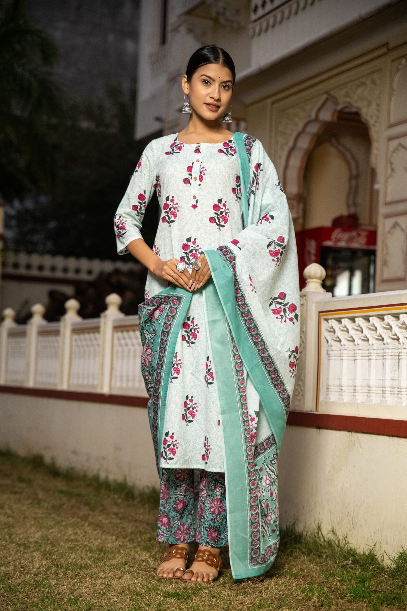 White Cotton Butta Block Printed Kurta Pant Set With Cotton Dupatta