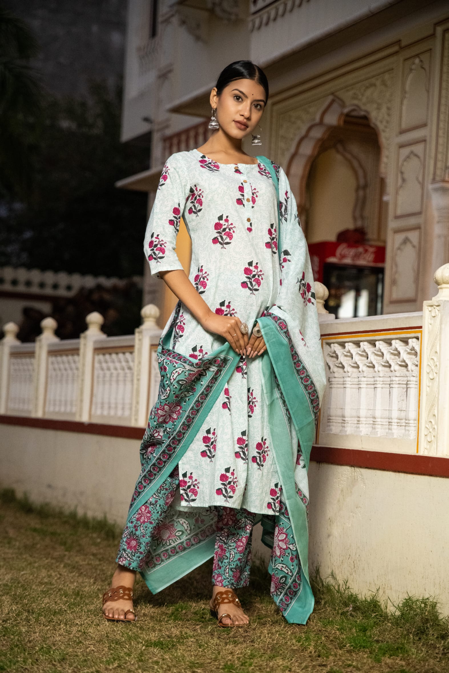 White Cotton Butta Block Printed Kurta Pant Set With Cotton Dupatta