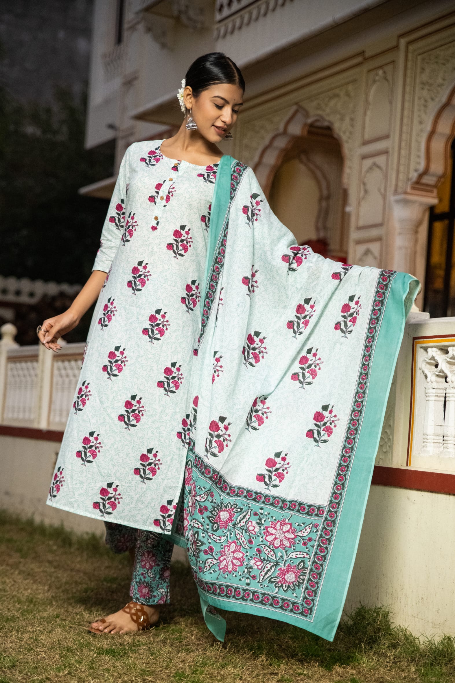 White Cotton Butta Block Printed Kurta Pant Set With Cotton Dupatta