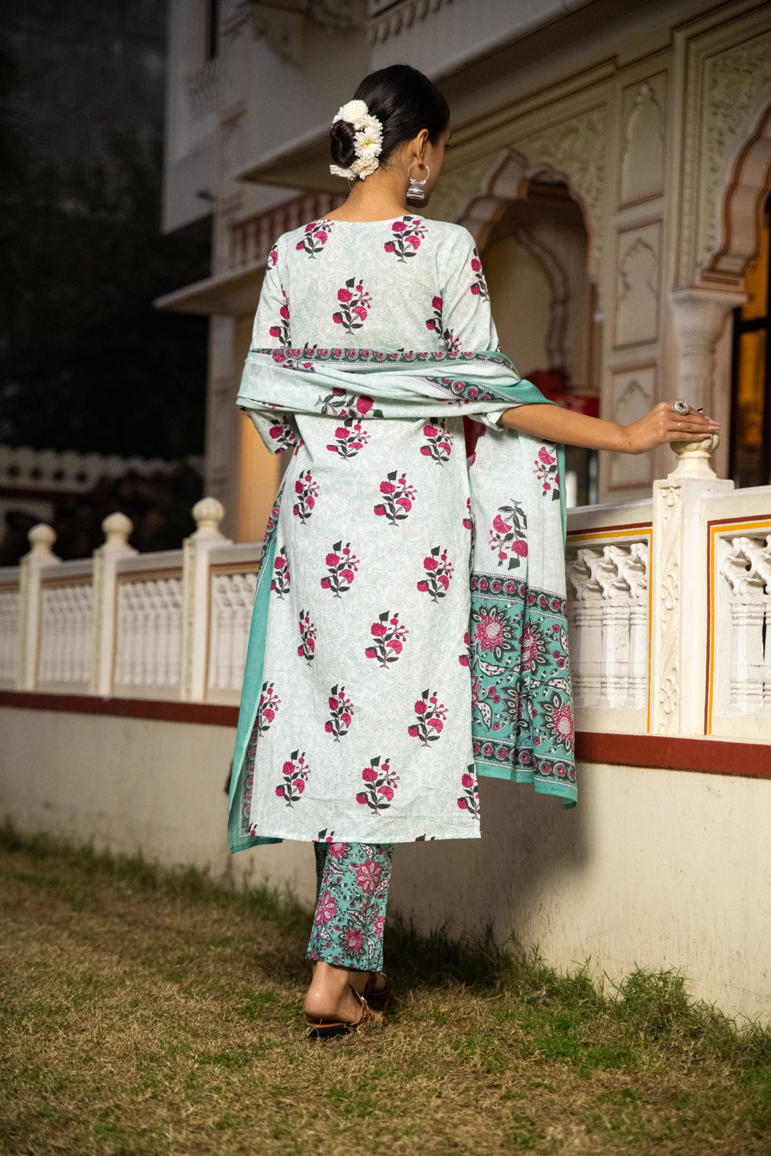 White Cotton Butta Block Printed Kurta Pant Set With Cotton Dupatta