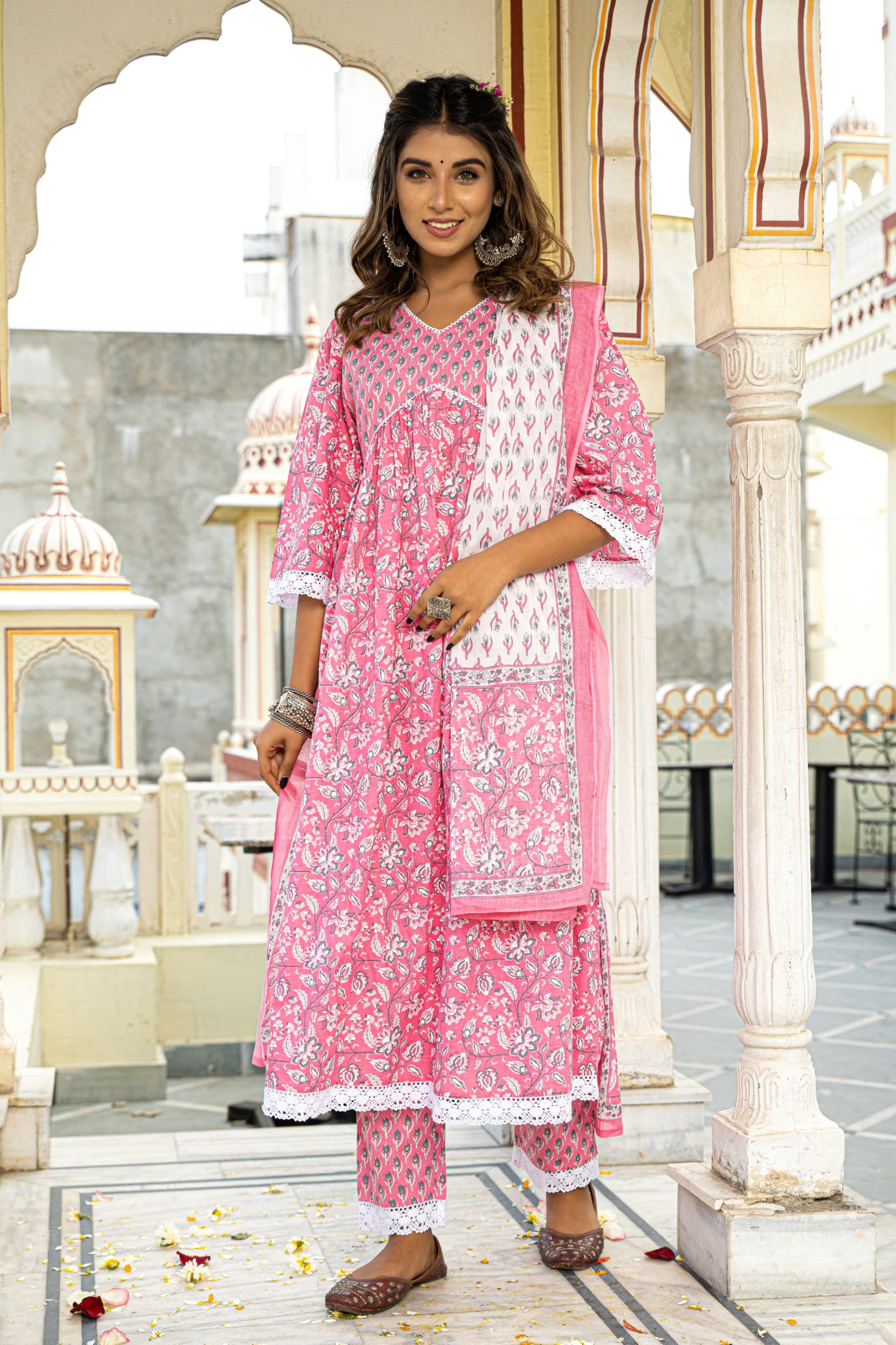 White Pink Hand Block Printed Cotton Suit with Dupatta