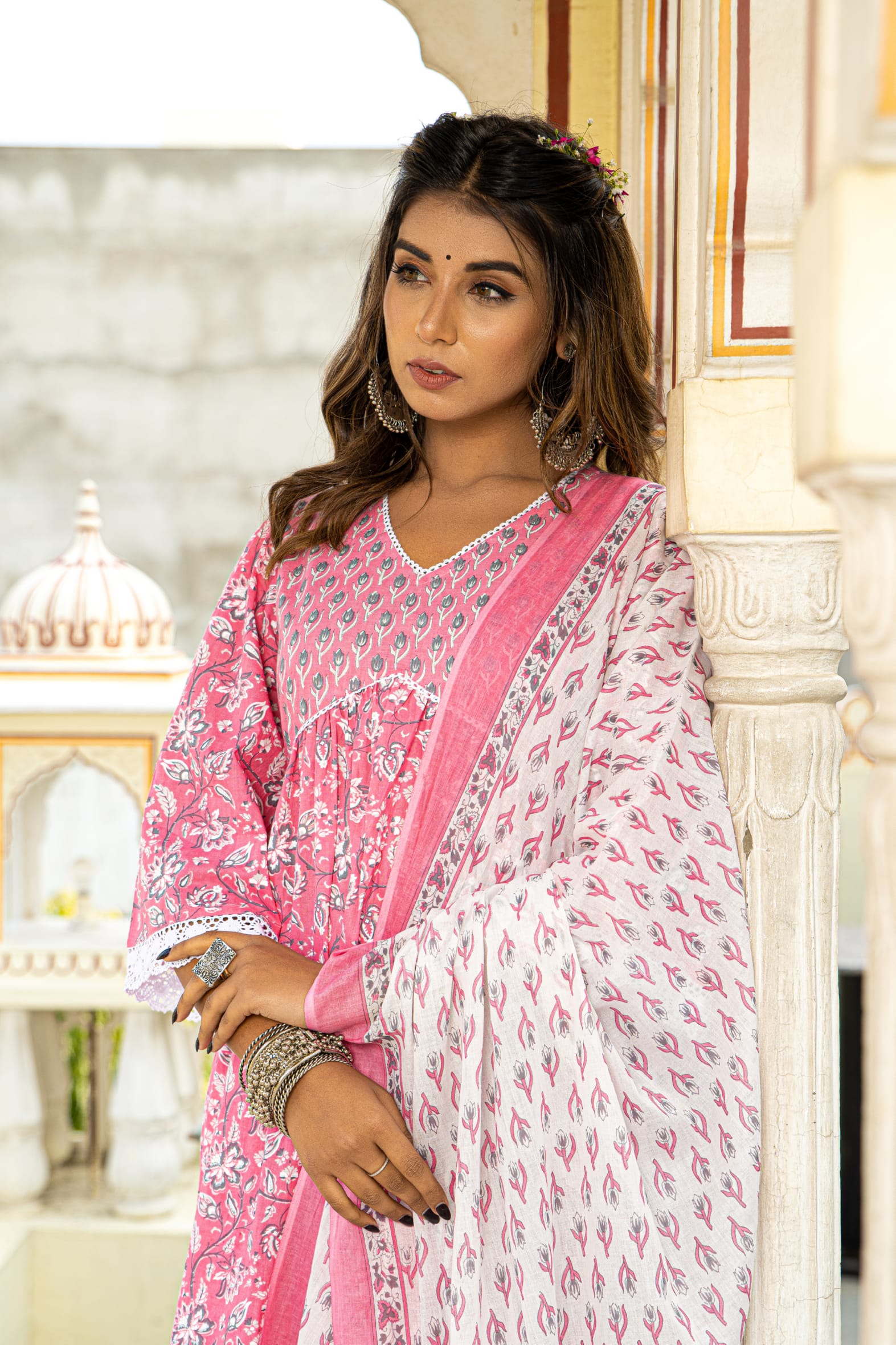 White Pink Hand Block Printed Cotton Suit with Dupatta