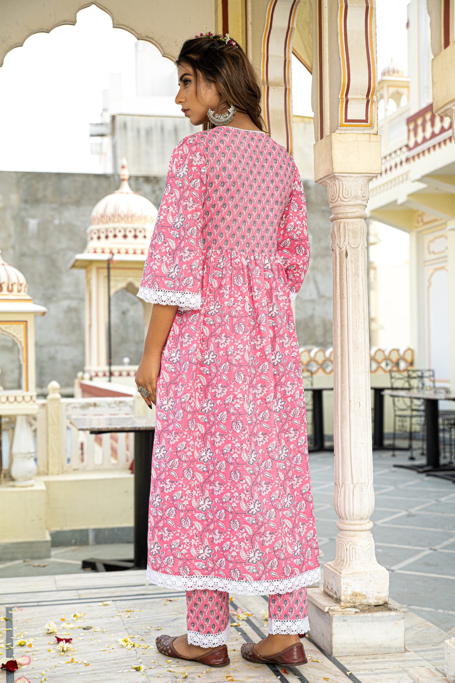 White Pink Hand Block Printed Cotton Suit with Dupatta